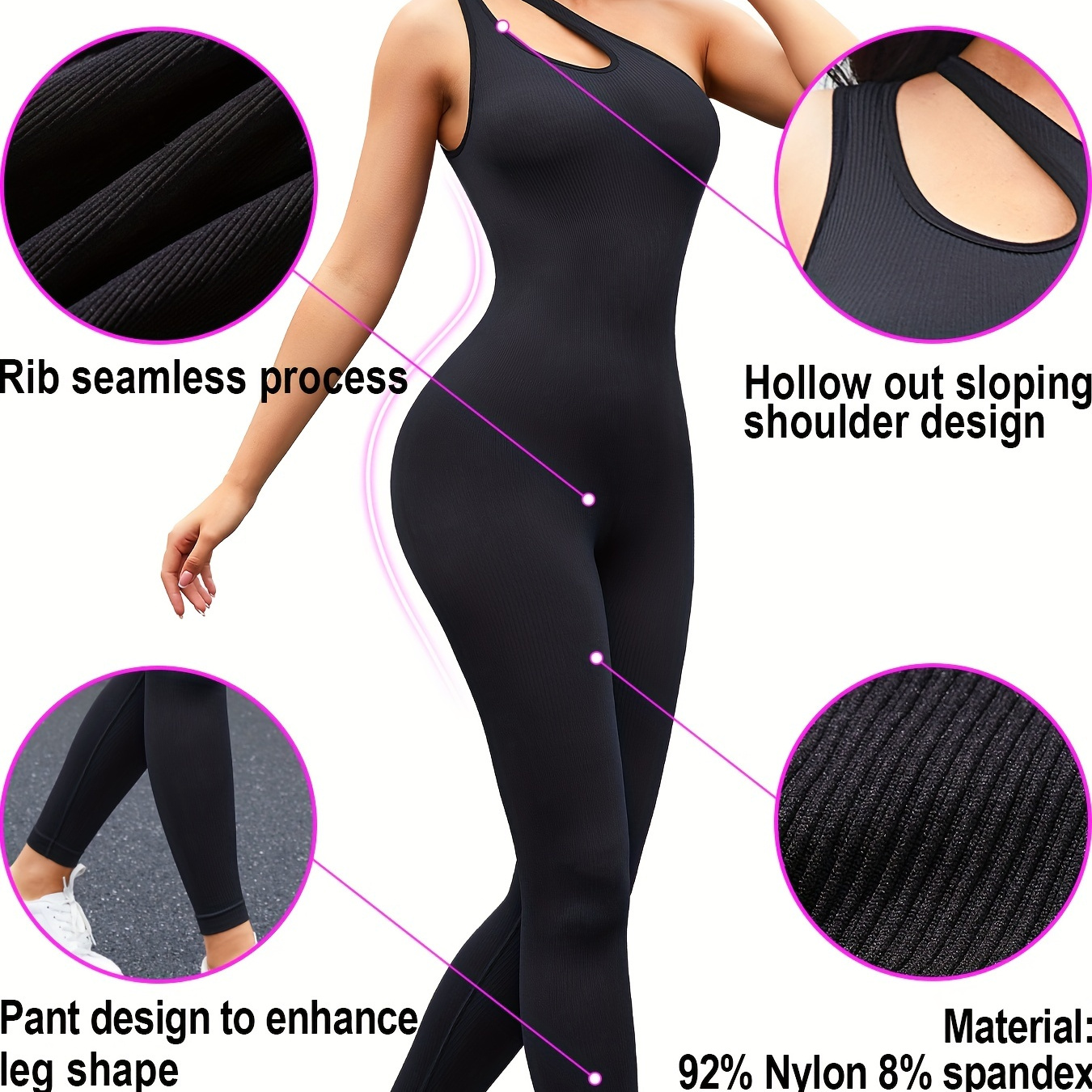 

Black Seamless Shaping Jumpsuit, Tummy Control 1 Shoulder Strap Sleeveless Sports Body Shaper, Women's Underwear & Shapewear