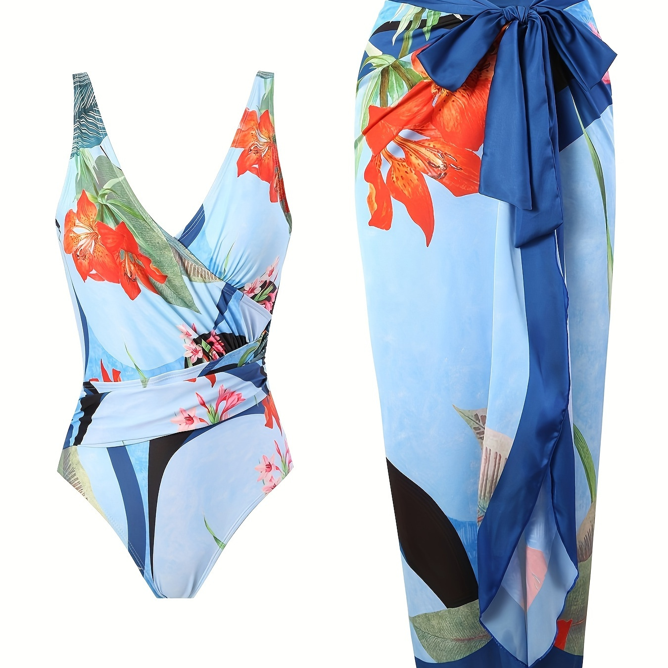 Floral Print V Neck Stretchy Vintage Swimsuits Asymmetric - Temu