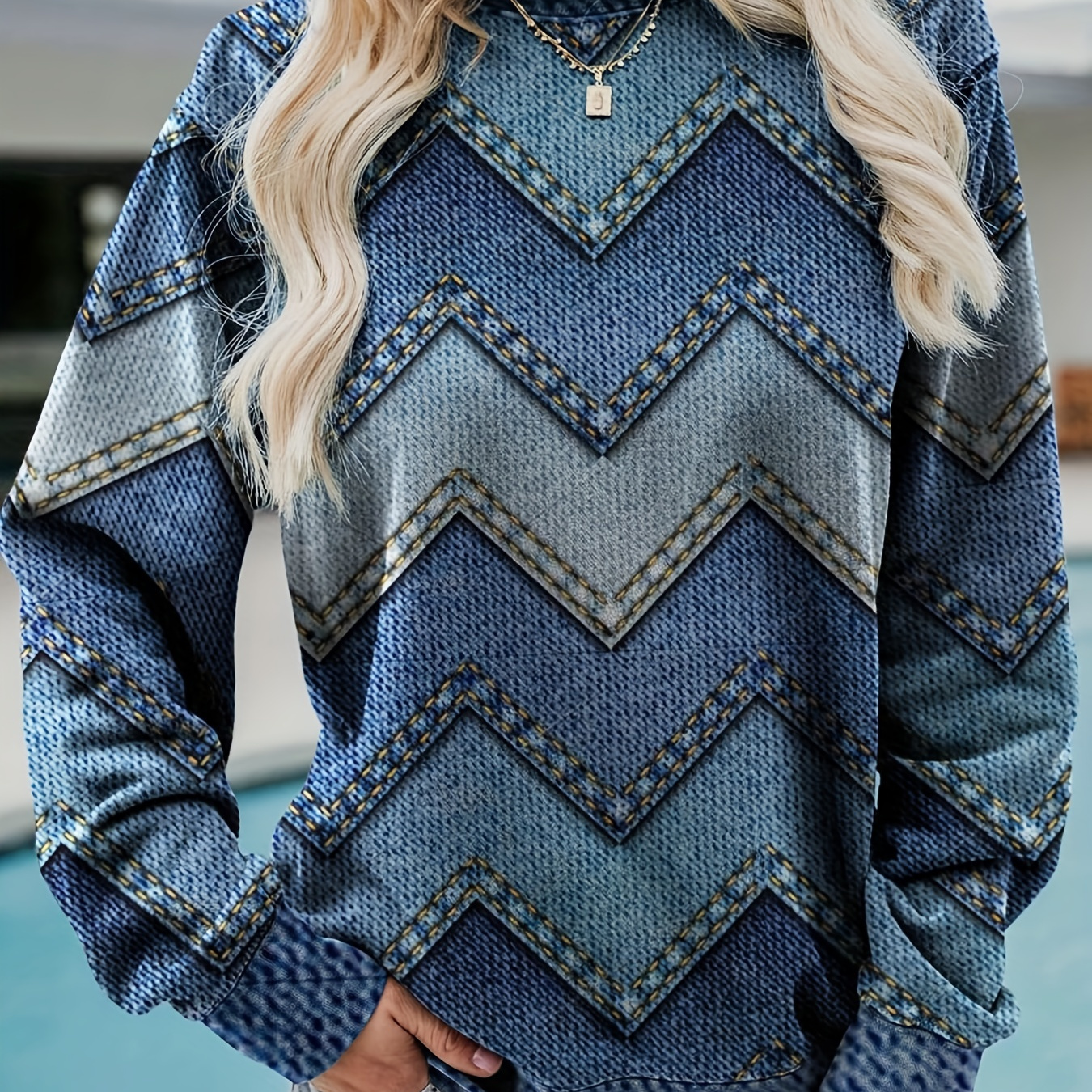 

Denim Print Pullover Sweatshirt, Casual Long Sleeve Crew Neck Sweatshirt For Fall & Winter, Women's Clothing
