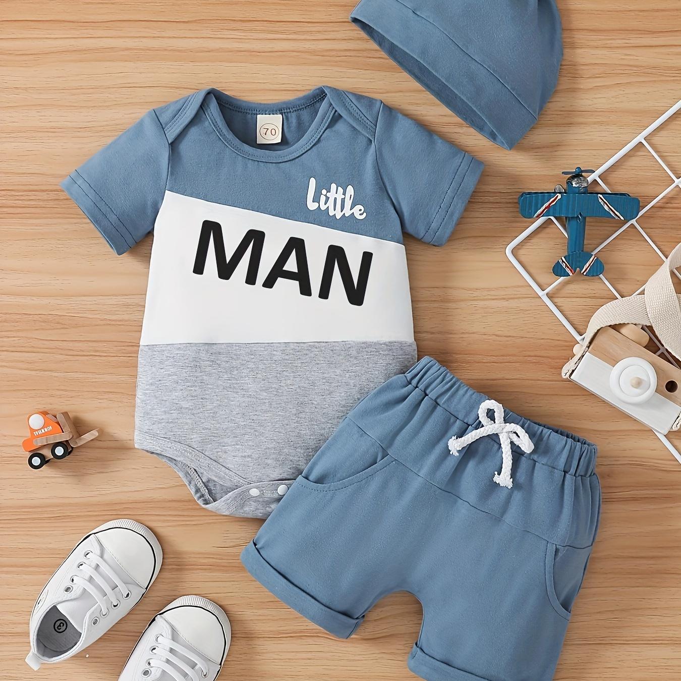 

2pcs Baby's "little Man" Print Comfy Summer Set, Short Sleeve Onesie & Shorts, Baby Boy's Clothing, As Gift