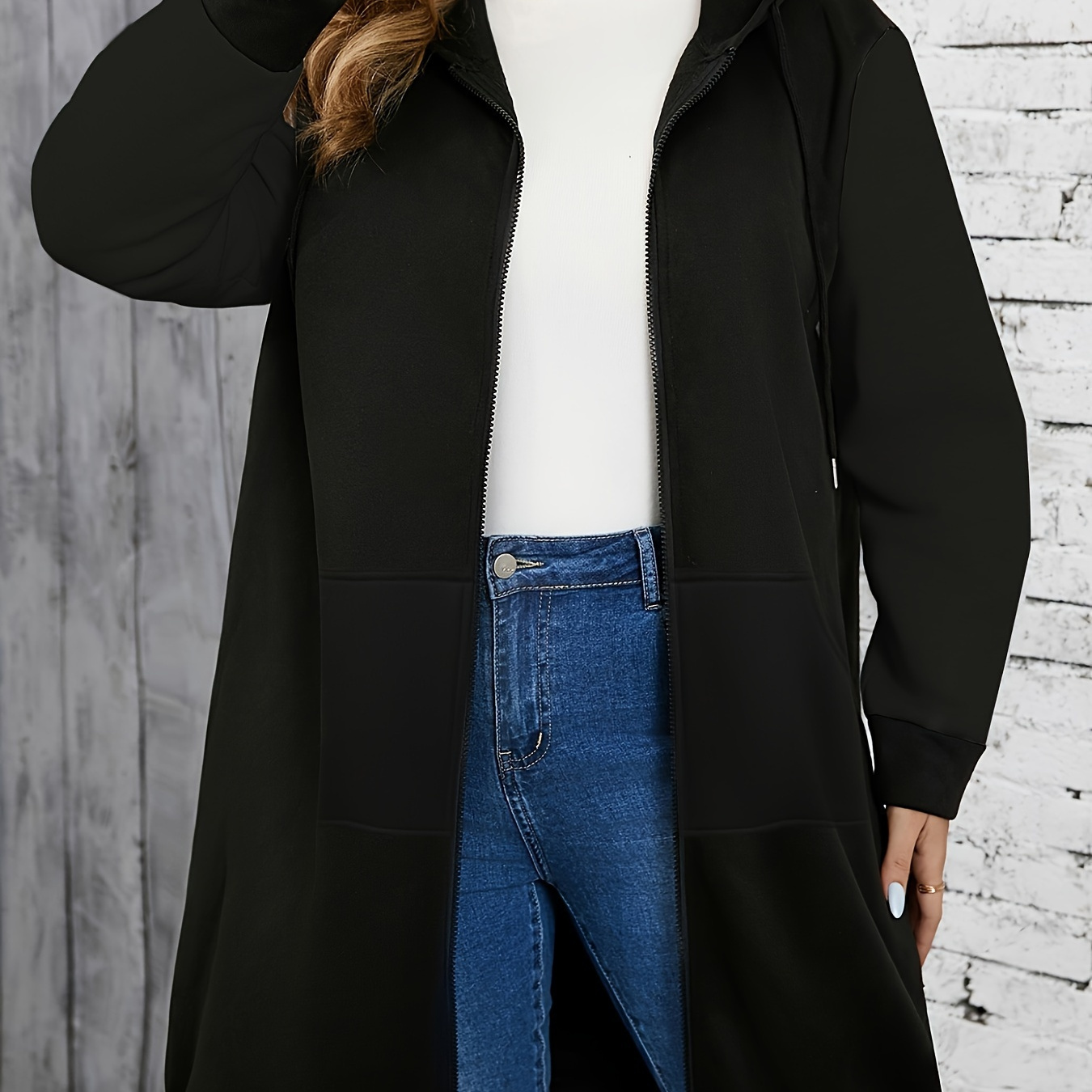 

Manteau à capuche de couleur unie grande taille, vêtement d'extérieur décontracté à manches longues avec fermeture éclair et cordon de serrage, vêtements grande taille pour femmes