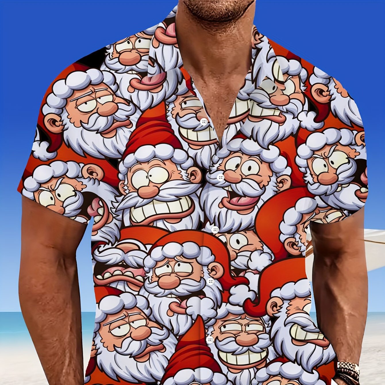 

Men's Casual Lapel Button-down Shirt - 100% Polyester, Summer Non-stretch Fabric With 3d Santa Claus Print, Regular Fit Woven Shirt For