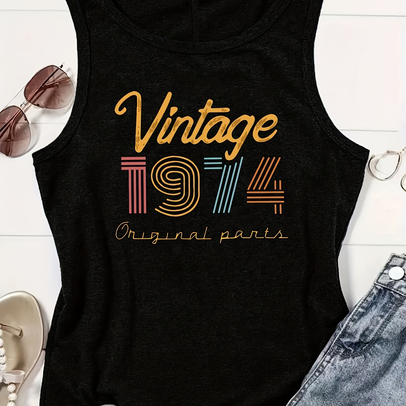 

Plus Size Vintage 1974 Print Tank Top, Casual Crew Neck Sleeveless Tank Top For Summer, Women's Plus Size clothing