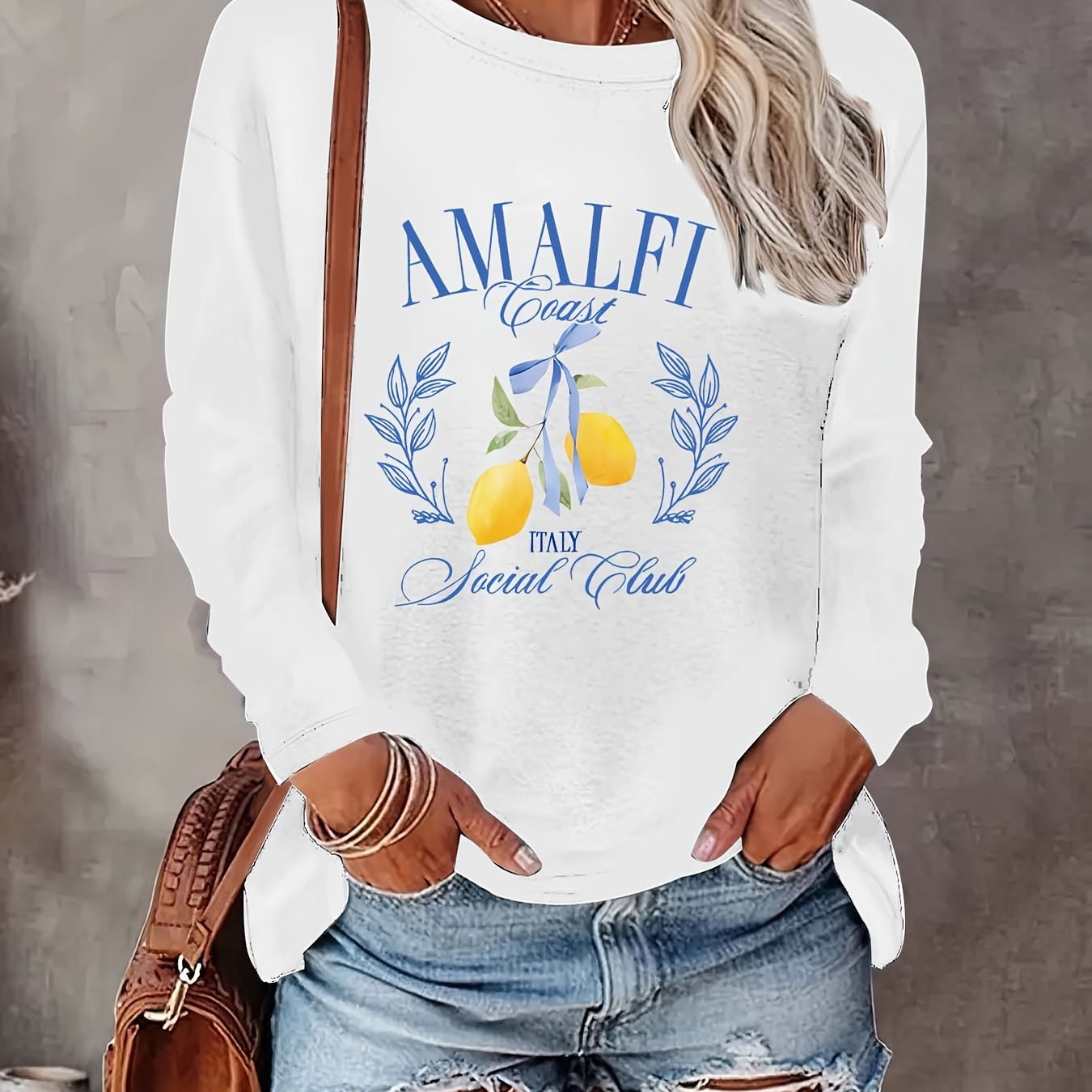 

Lemon Print T-shirt, Long Sleeve Crew Neck Casual Top For Spring & Fall, Women's Clothing