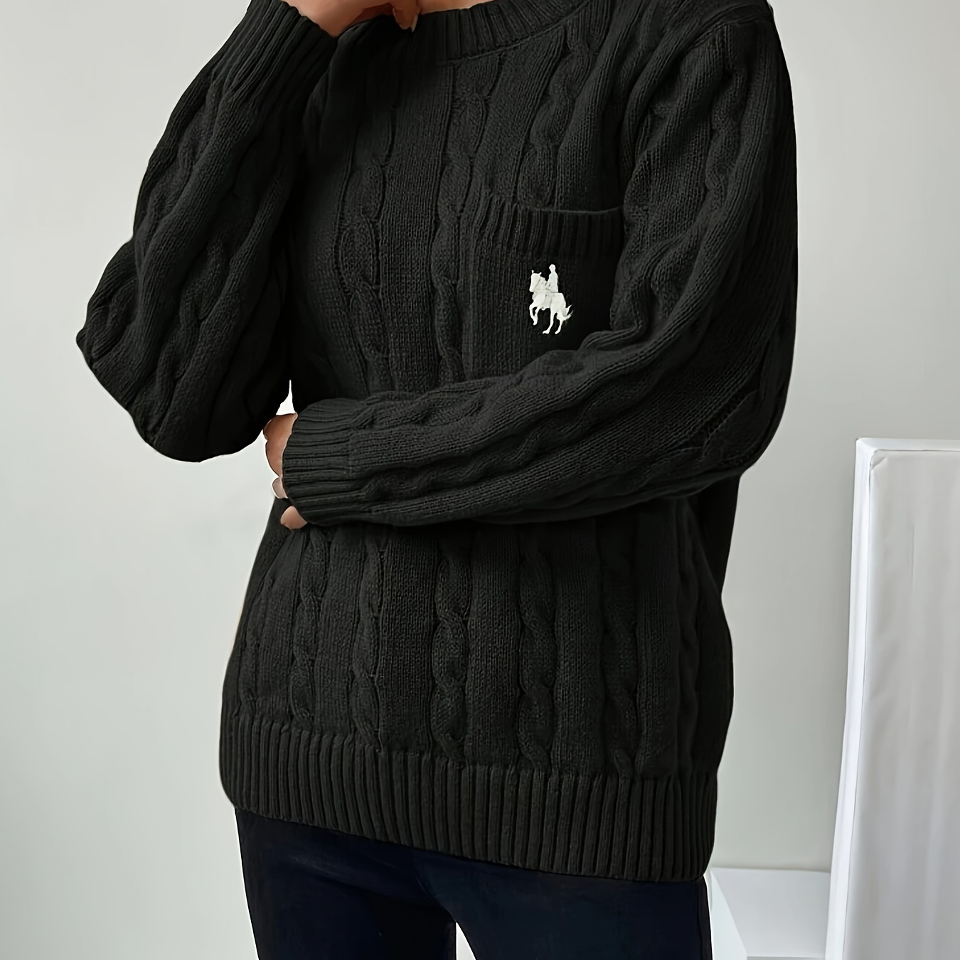 

Cable Knit Long Sleeve Sweater, Casual Crew Neck Embroidered Pullover Sweater For Winter & Fall, Women's Clothing