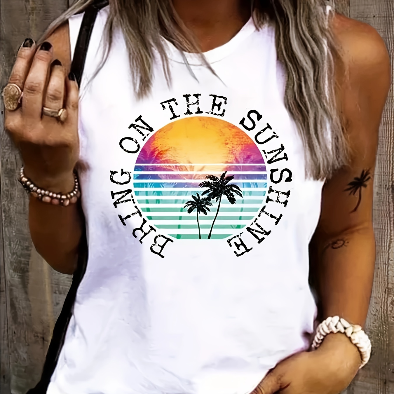 

Coconut Tree & Letter Print Tank Top, Sleeveless Crew Neck Tank Top, Casual Every Day Tops, Women's Clothing