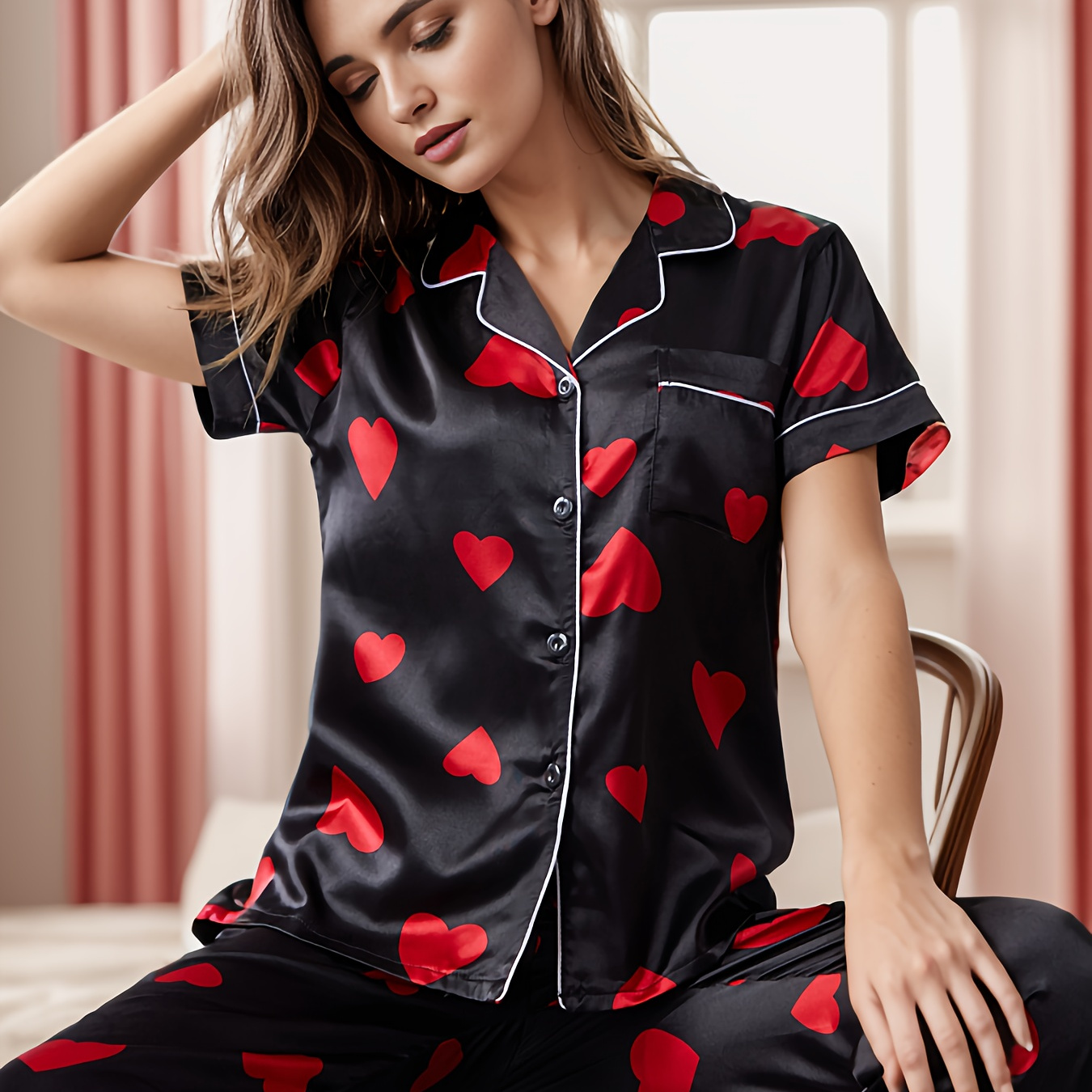 

Heart Print Pajama Set, Short Sleeve Lapel Top & Elastic Waistband Pants, Women's Sleepwear & Loungewear