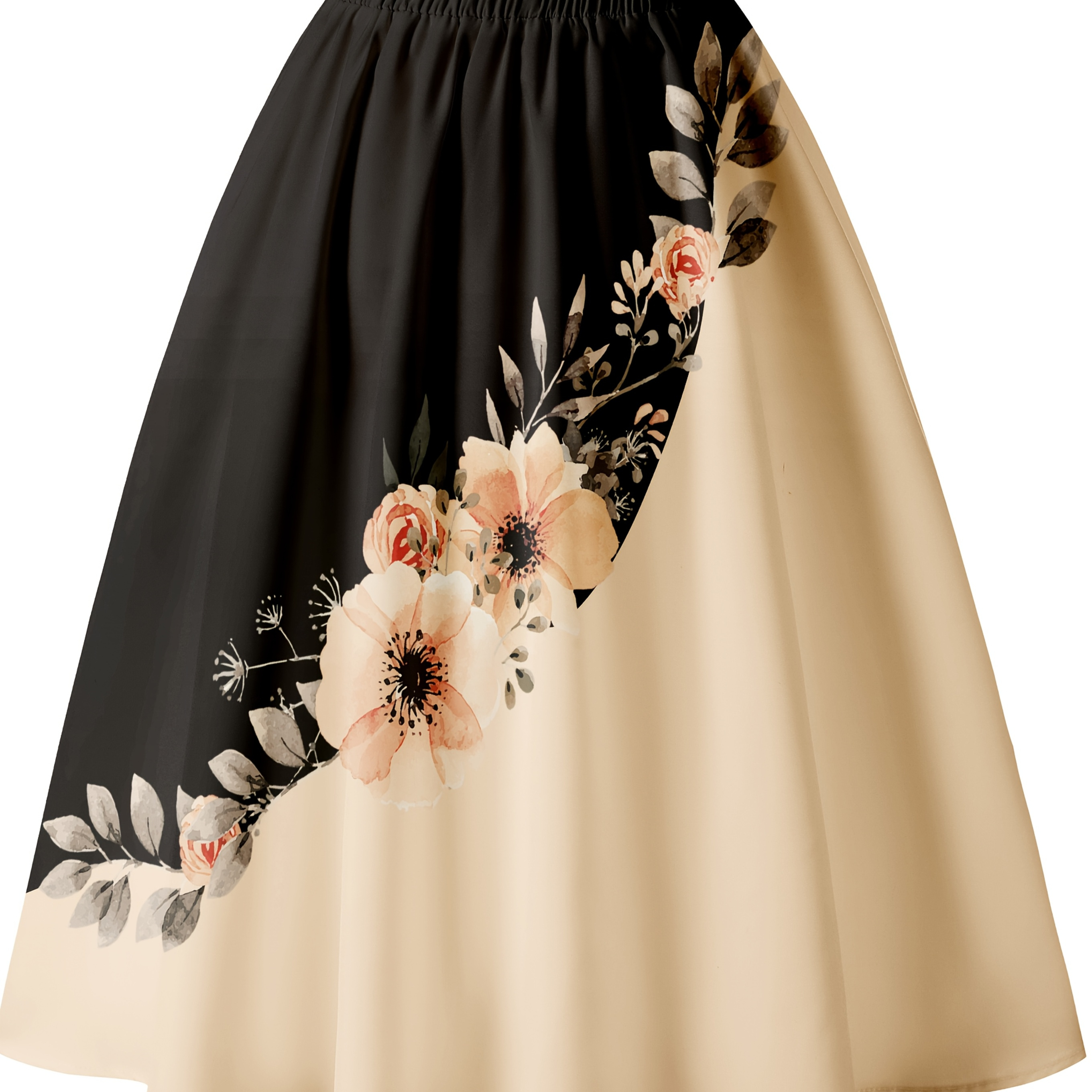 

Jupe A-Line à Imprimé Floral - Taille Élastique, Polyester, Lavable en Machine - Noir & avec Fleurs Roses et Blanches, Parfaite pour /Été, Jupes Mignonnes, Mi-longueur, Imprimé