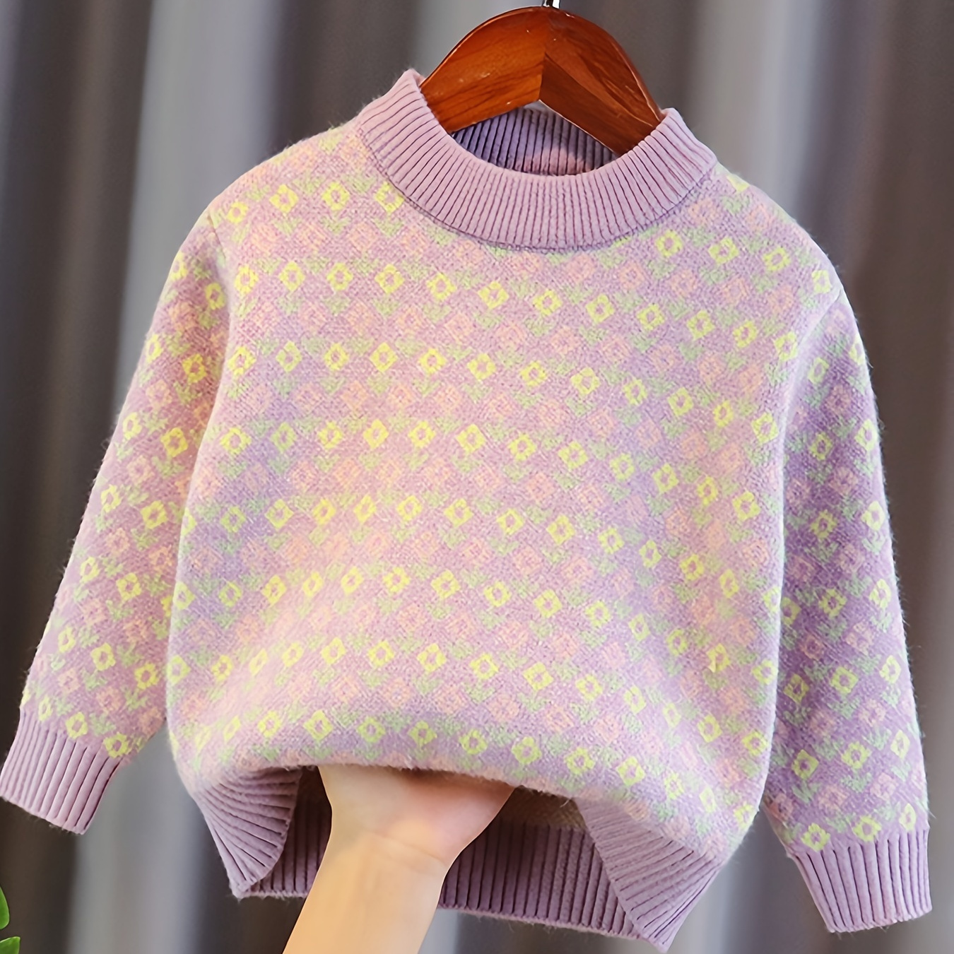 

Automne/ Hiver Filles Pull Tricoté Jacquard À Fleurs Violettes Confortable Et Chaud Pull Jumper Tops, Vêtements Pour Enfants