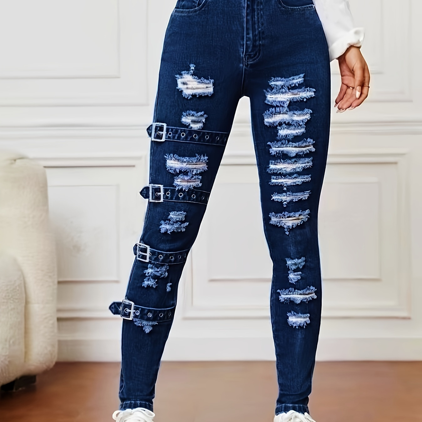 

Women's High-waisted Stretchy Jeans With Rip And Repair Details, Cotton And Polyester Blend, Four-season Wear, Machine Washable