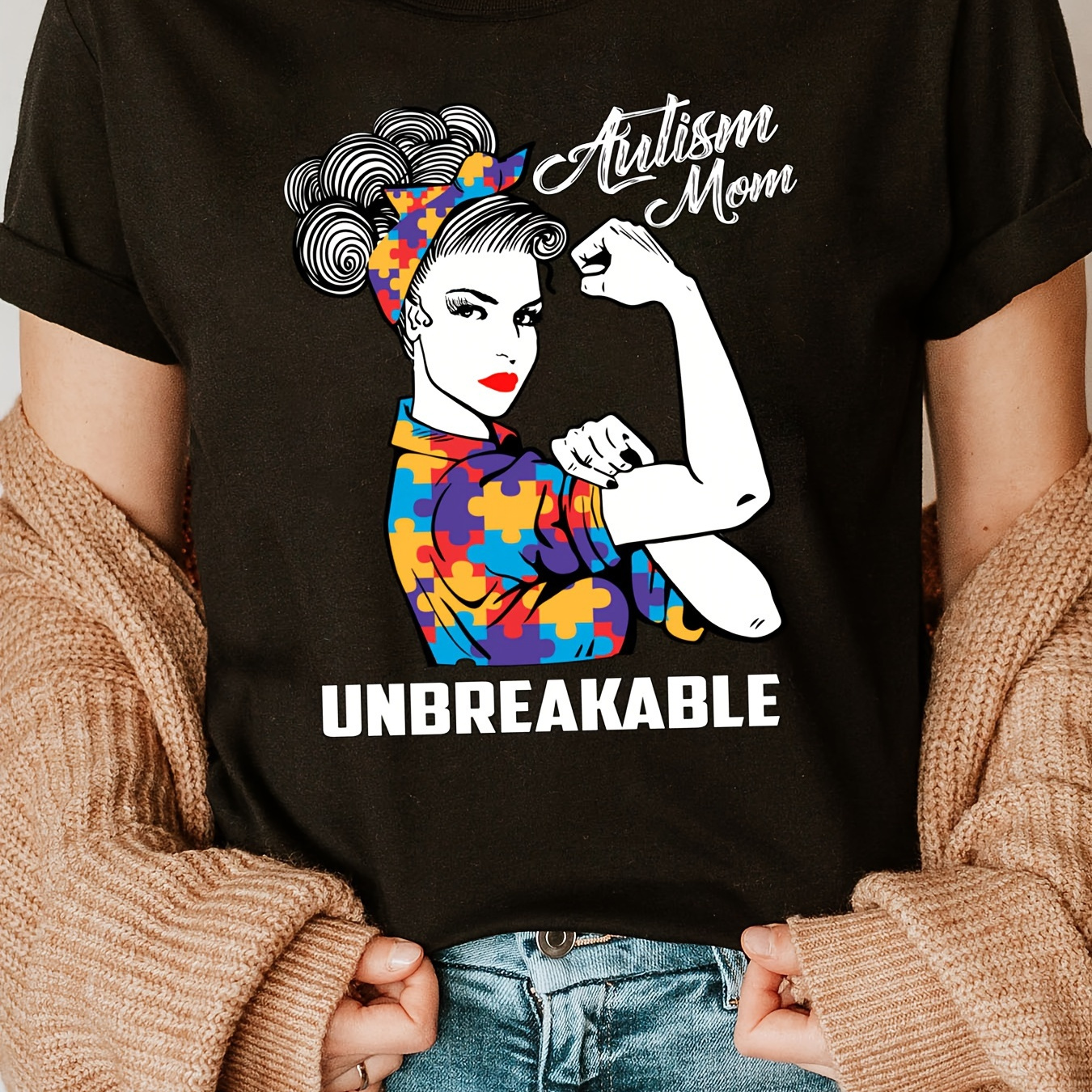 

Autism Mom Unbreakable Print Crew Neck T-shirt, Short Sleeve Casual Top For Summer & Spring, Women's Clothing