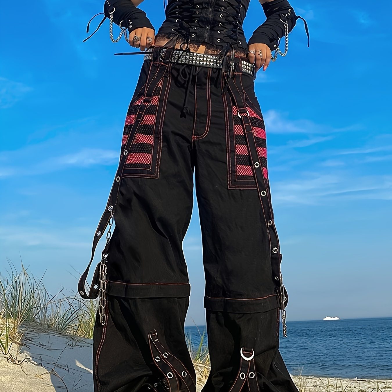 

Women's Gothic Wide-leg Pants, Vintage Style With Striped Mesh Patchwork, Casual Trousers With Eyelets And Chains, Retro Cool