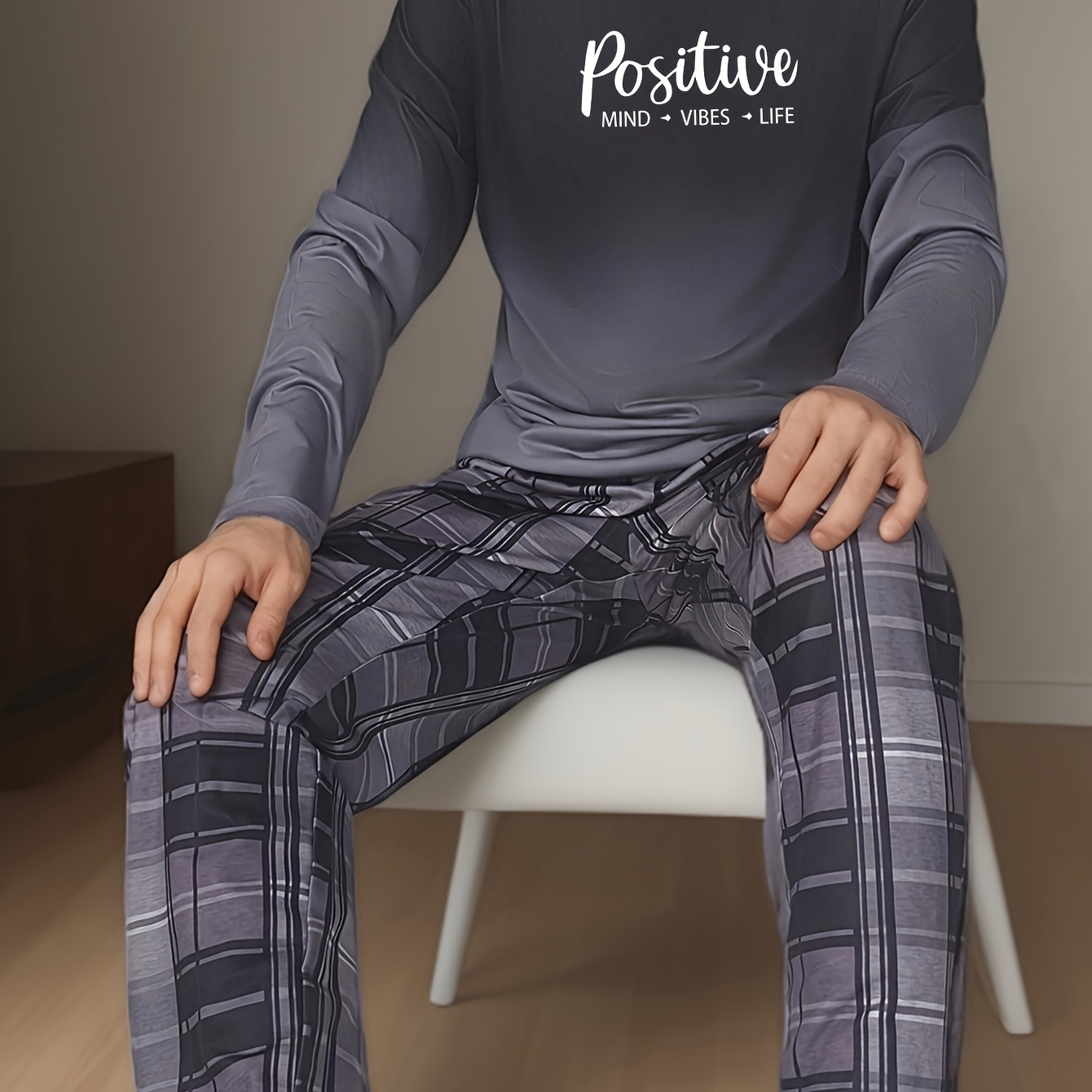 

Men's Vibes Life Gradient Letter Print Pajama Set - Comfy Long Sleeve Crew Neck Top & Plaid Pants, Casual Loungewear For Teens & Adults