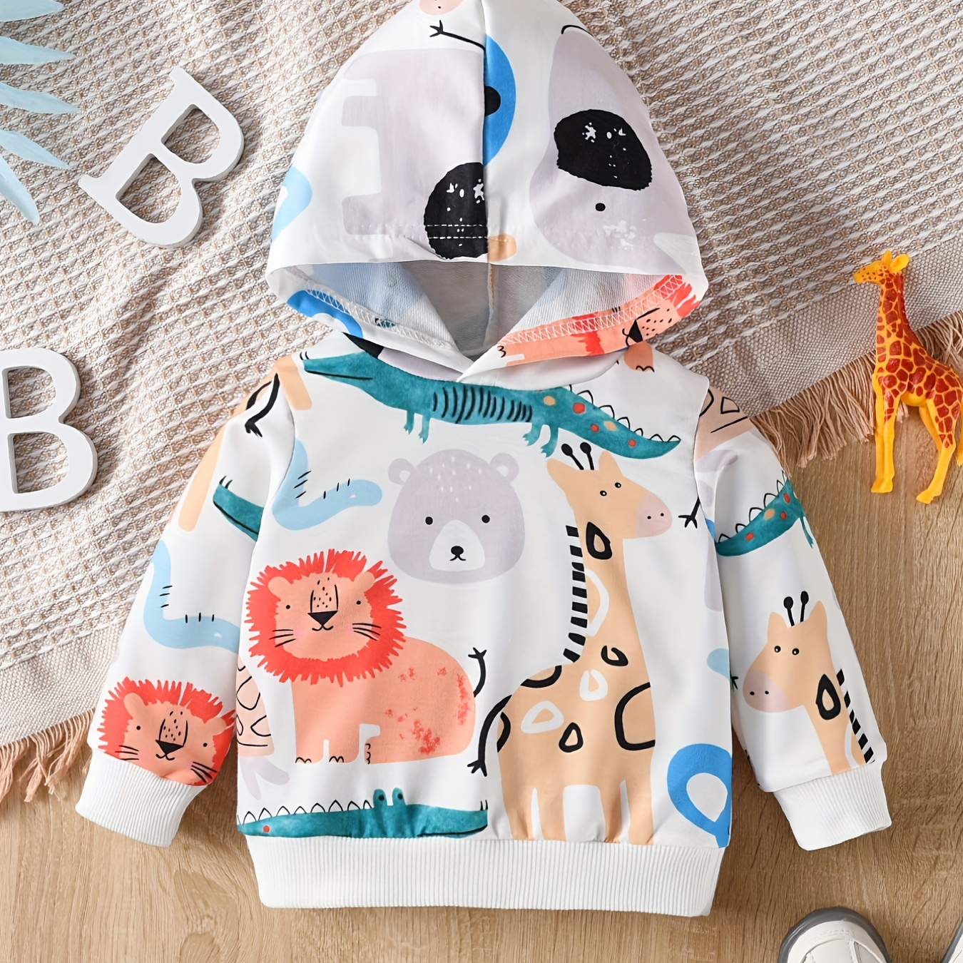 

Baby Boys Cute Zoo Animal Print Hooded Sweatshirt, Toddler's Hoodie