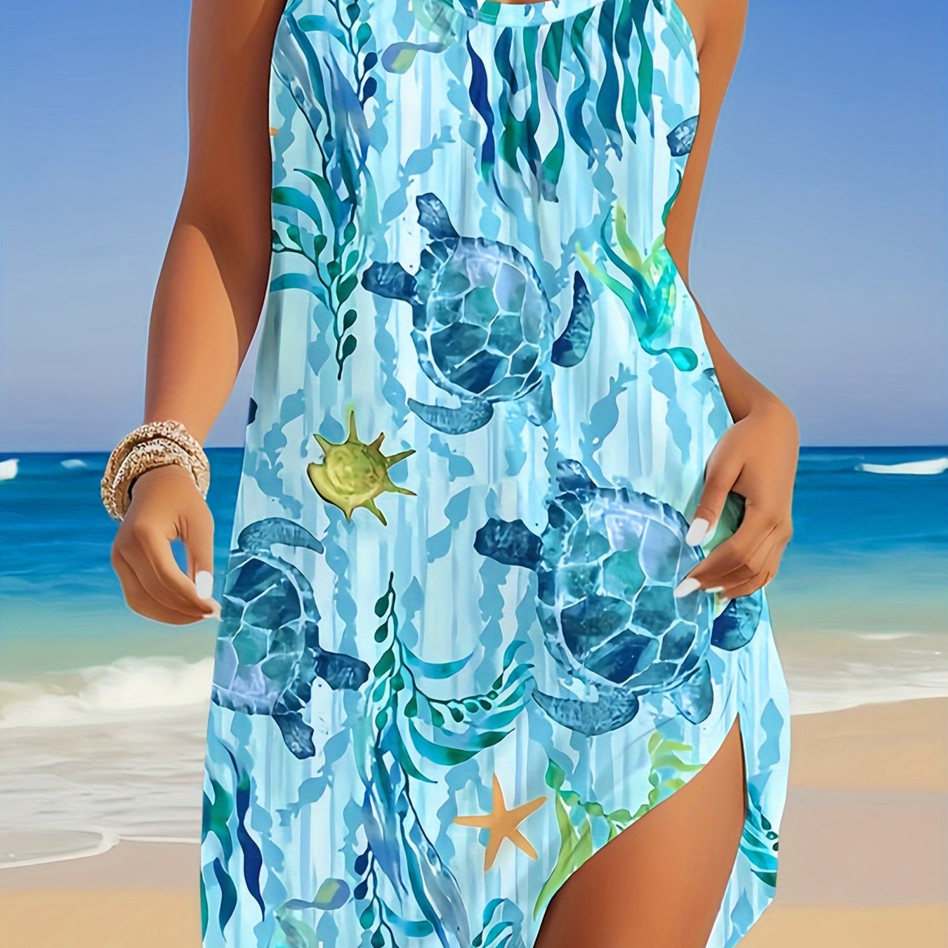 

Elegant Vacation-style Round-neck Dress With Turtle Print