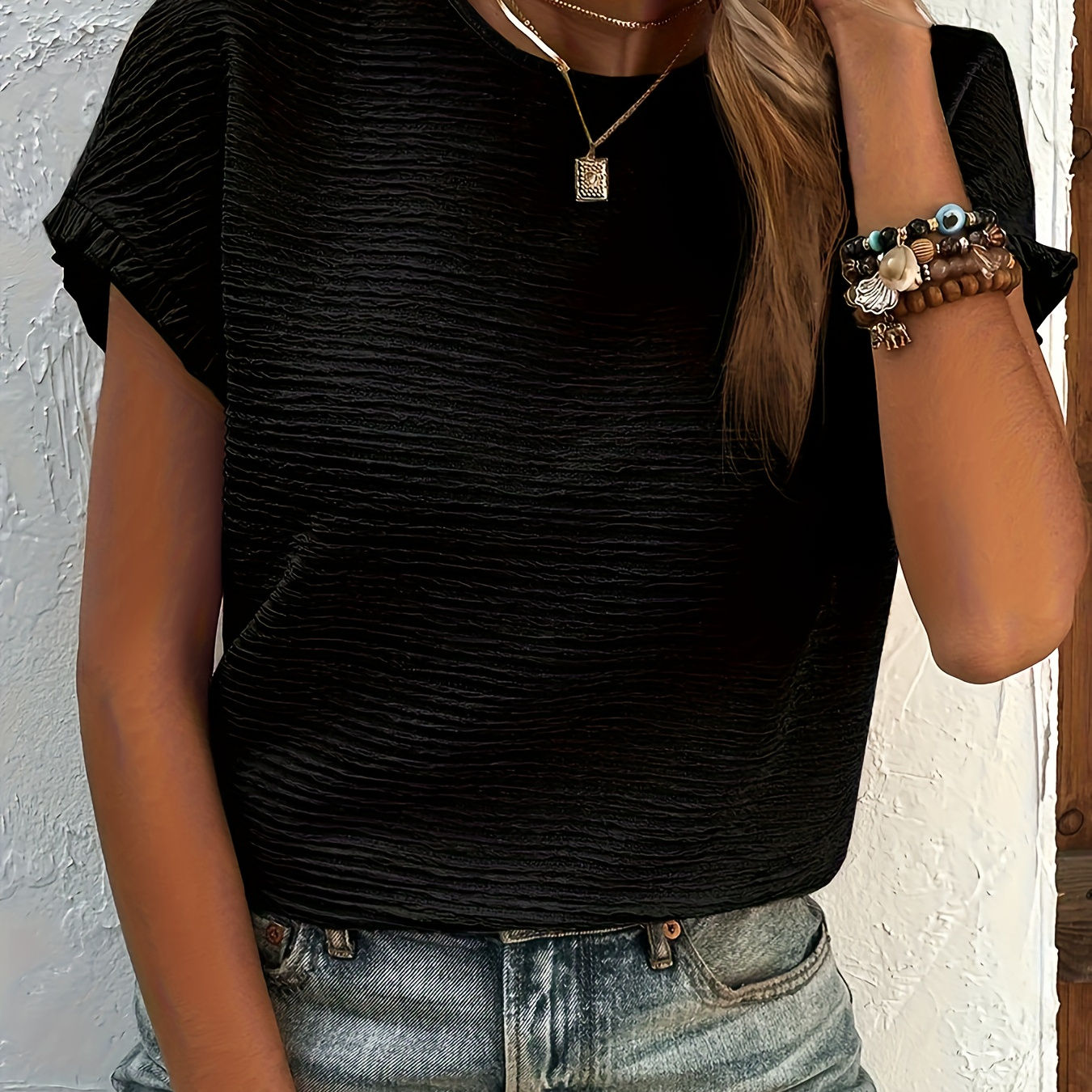

Crew Neck Textured Solid Color Blouse, Elegant Short Sleeve Blouse For Spring & Summer, Women's Clothing