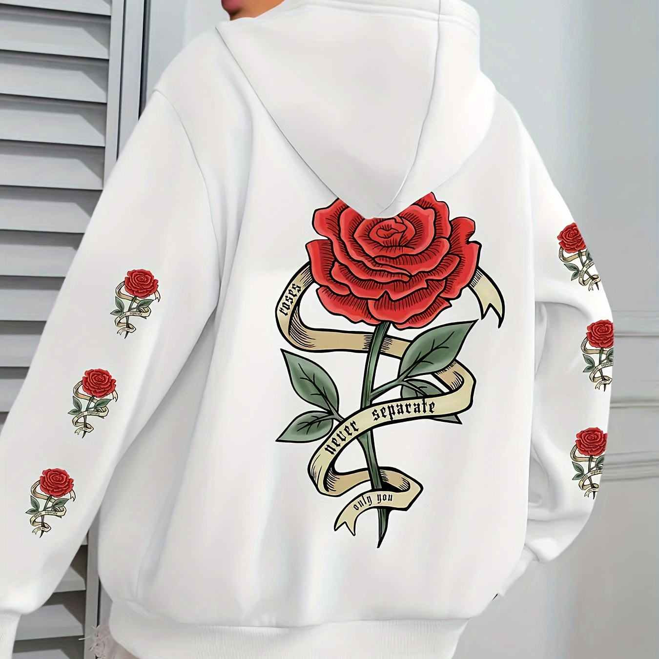 

Sweat à capuche imprimé Rose, sweat à capuche décontracté avec poche, tissu tricoté 100% polyester, motif floral, automne/hiver, vêtements pour femmes