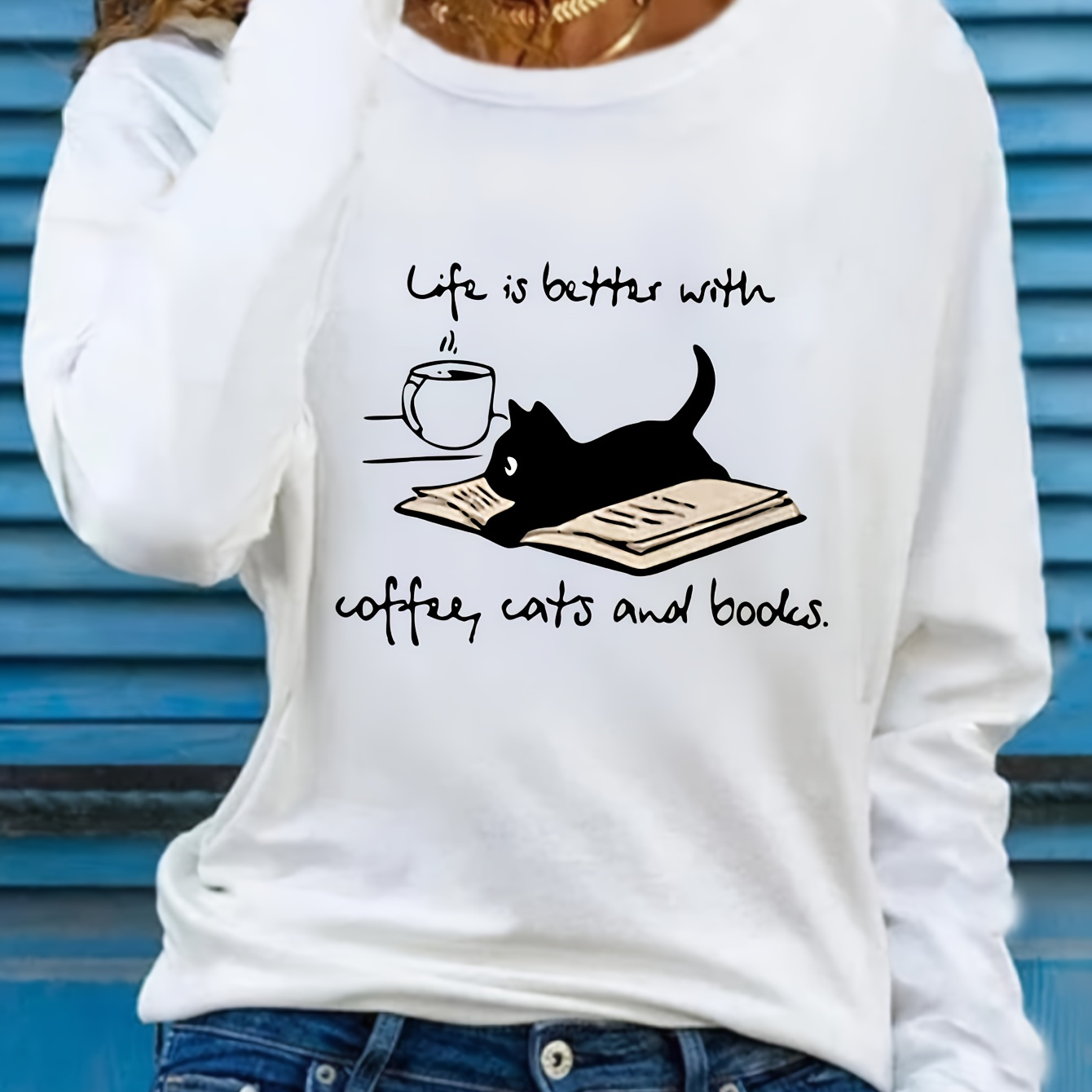 

[home Relaxation] Women's Cozy Polyester Long Sleeve T-shirt With " With Coffee, Cats & Books" Graphic - Casual Round Neck Top, Machine Washable, Ideal For Spring & Fall, Ladies T Shirts