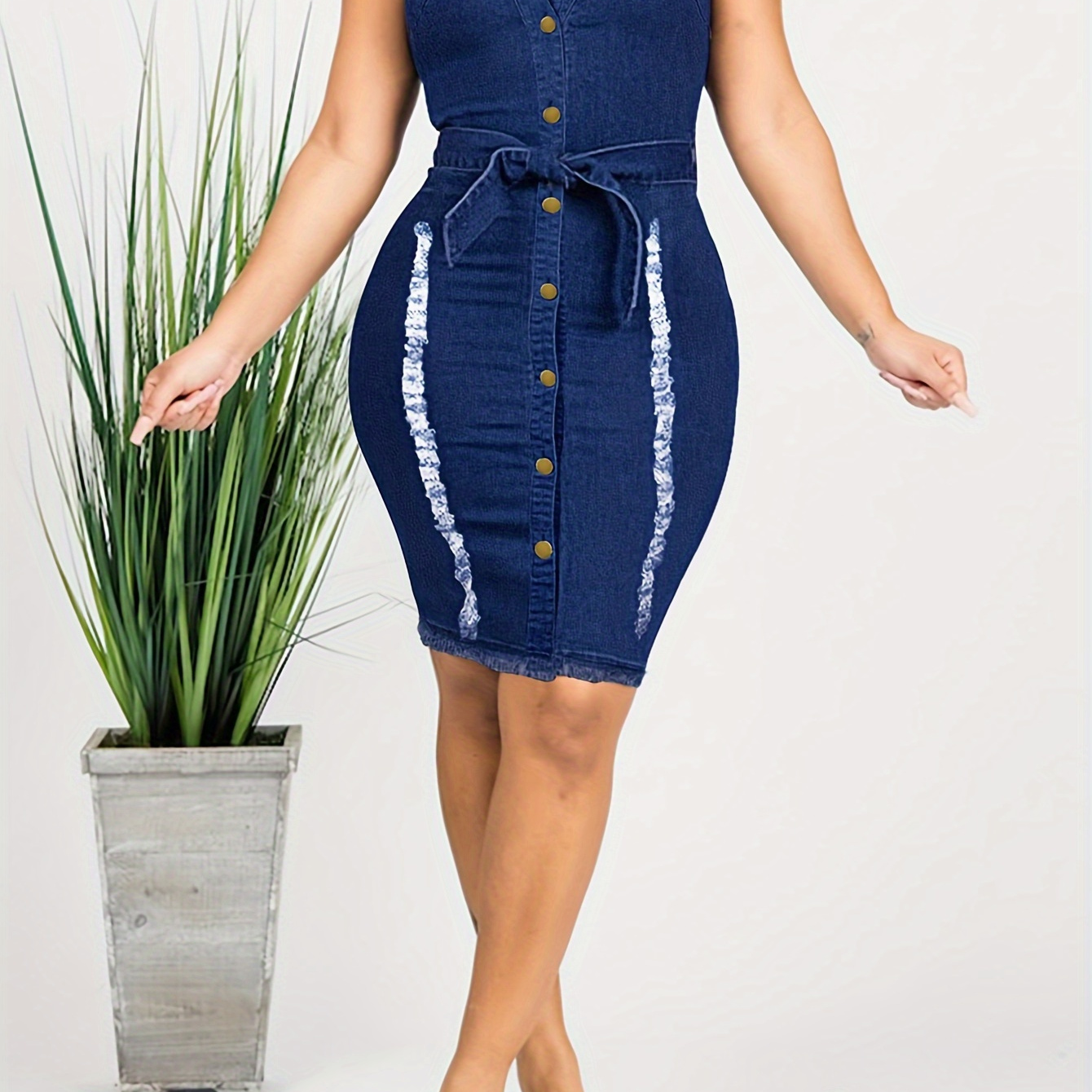 

Elegant Sleeveless Blue Denim Midi Dress For Women - Sexy V-neck With Front Button Closure & Chic Trim Detail, Stretchy Fabric, Machine Washable