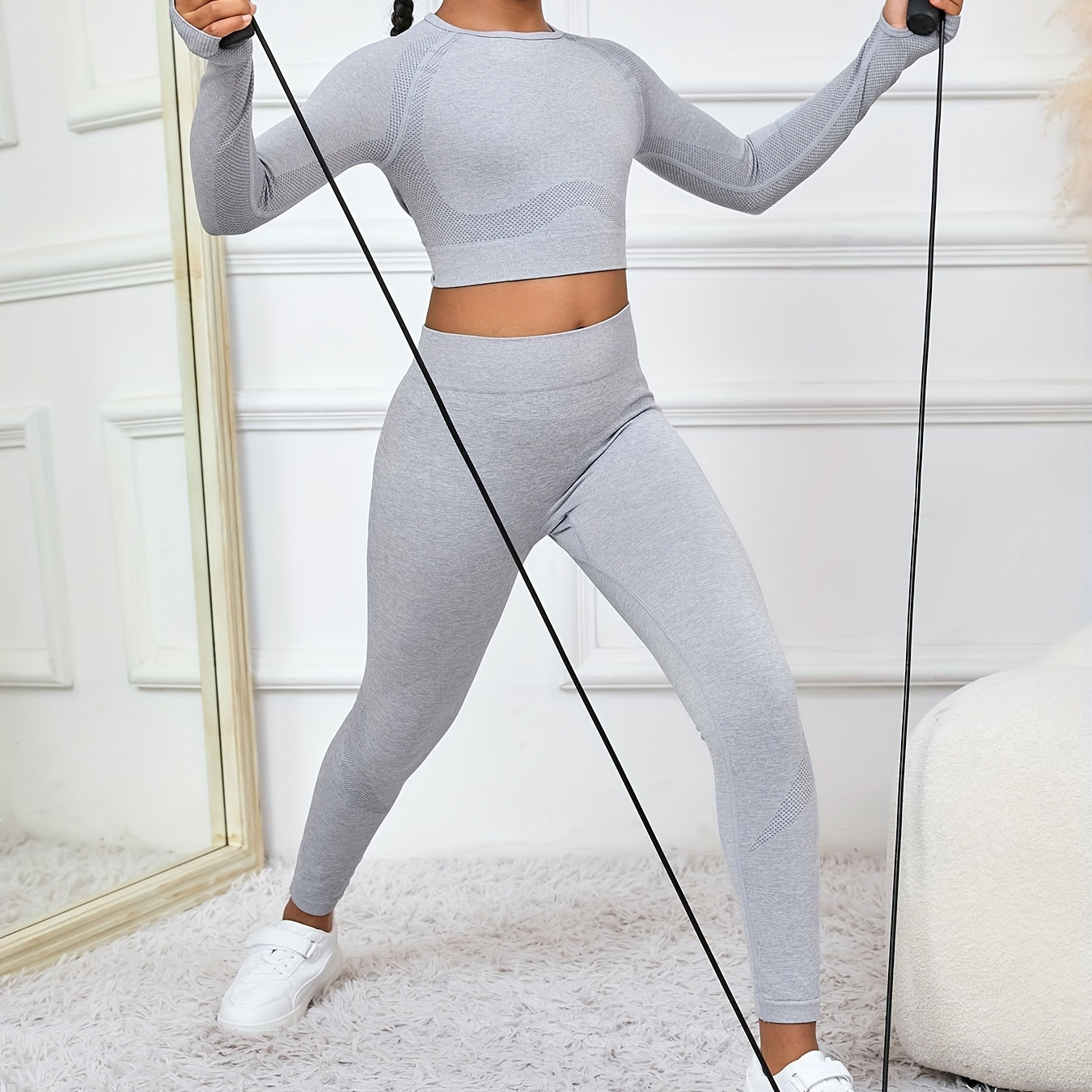 

Cut-out 2pcs Long Sleeve Top + Tight Trousers Two- Set Running Clothes, Cloth