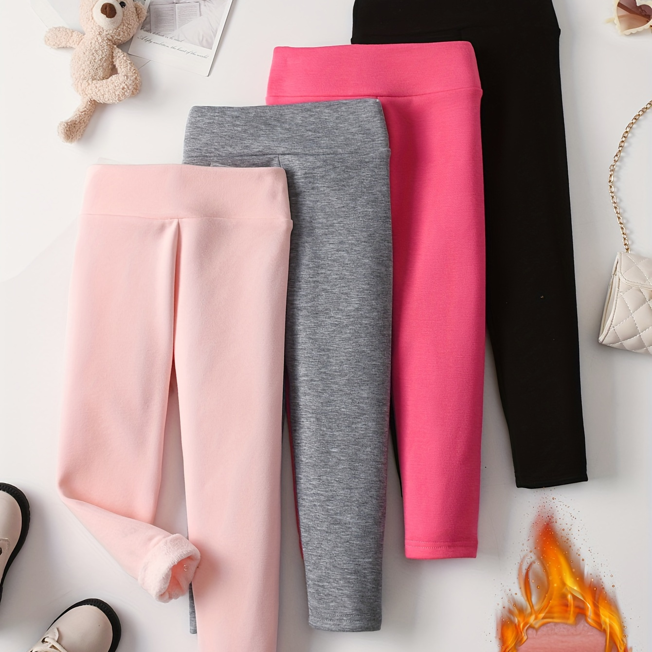 

4pcs Cozy Fleece-lined Leggings Set For Girls - , Stretchy, And Warm Solid Color Pants For Fall/winter Season - Casual , Outdoor Play, And Gift Ideas