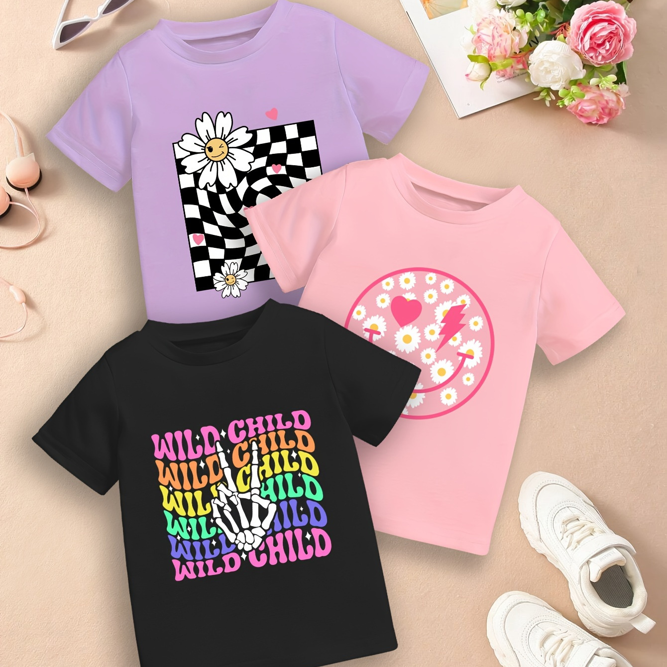 

3pcs Girls' Casual T-shirts With Letter, Floral & Checkered Prints - Soft Polyester , Crew Neck, Short Sleeve - Summer Fun