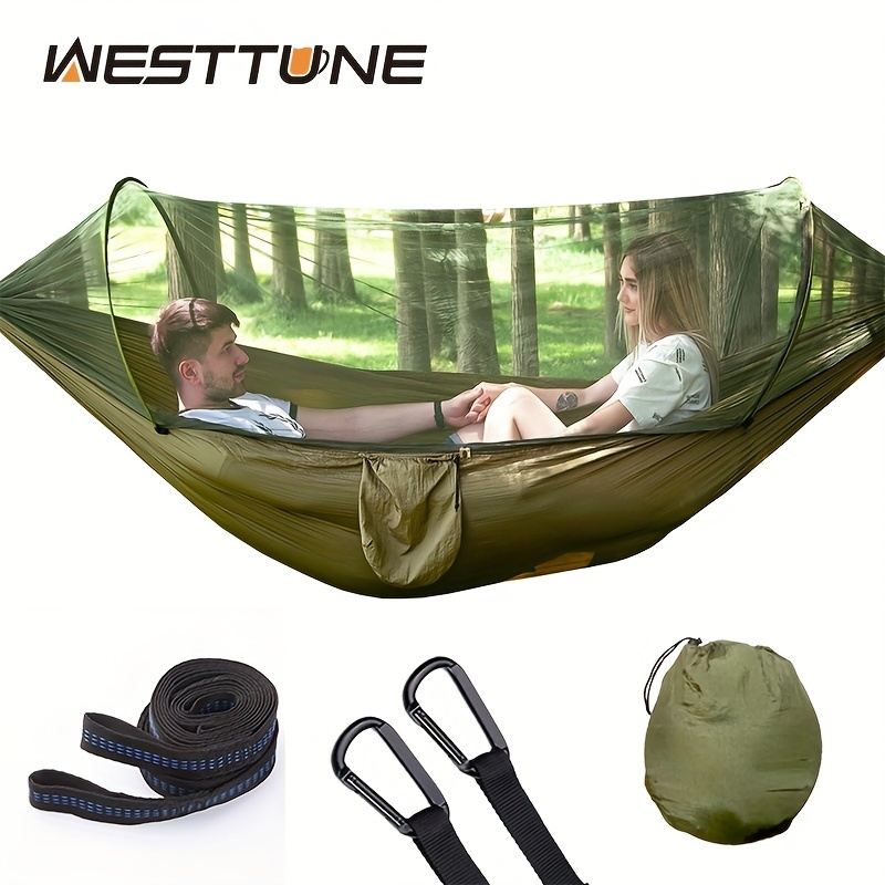 

Sleep Comfortably & Protect Yourself From Mosquitoes: Automatic Quick Opening Nylon Cloth Camping Hammock With Mosquito Net!