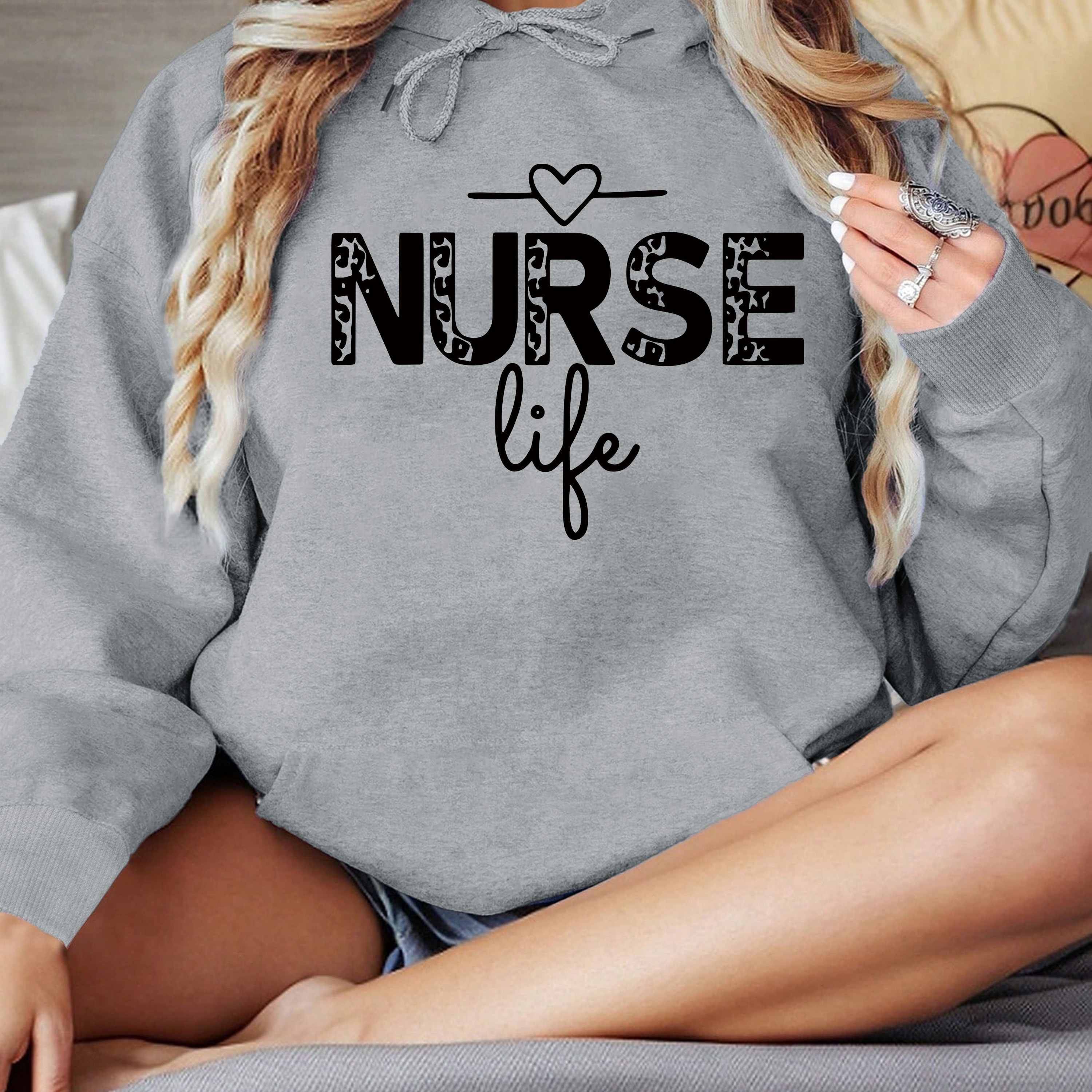 

Nurse Life Print Hoodie, Casual Long Sleeve Kangaroo Pocket Hooded Sweatshirt, Women's Clothing