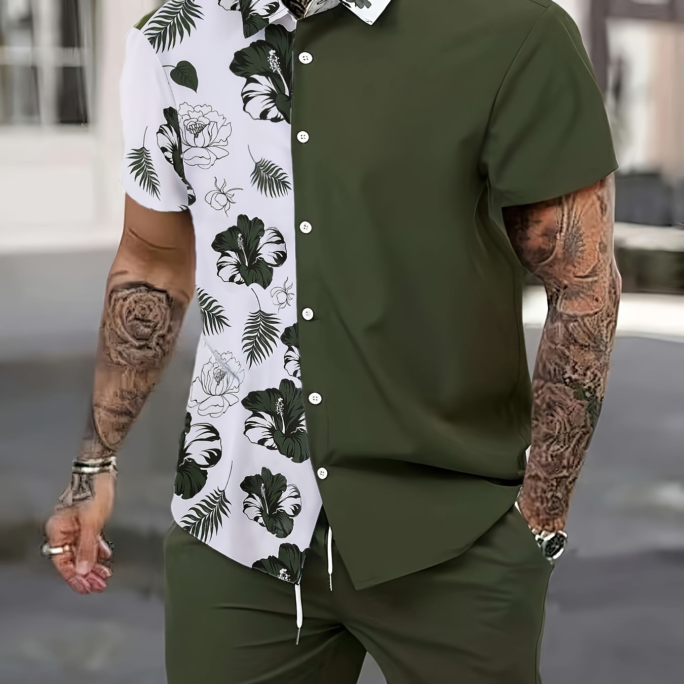 

2-piece Men's Stylish Summer Vacation Outfit Set, Men's Floral Print Color Block Short Sleeve Lapel Shirt & Solid Drawstring Shorts Set