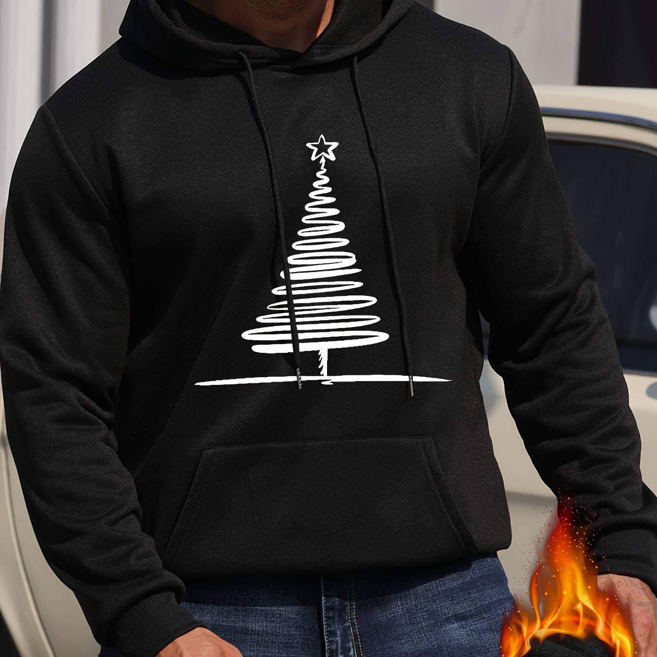 

Men's Casual Christmas Tree Print Hoodie - Fashionable Drawstring Pullover With Kangaroo Pocket, Cozy Polyester For Fall & Winter