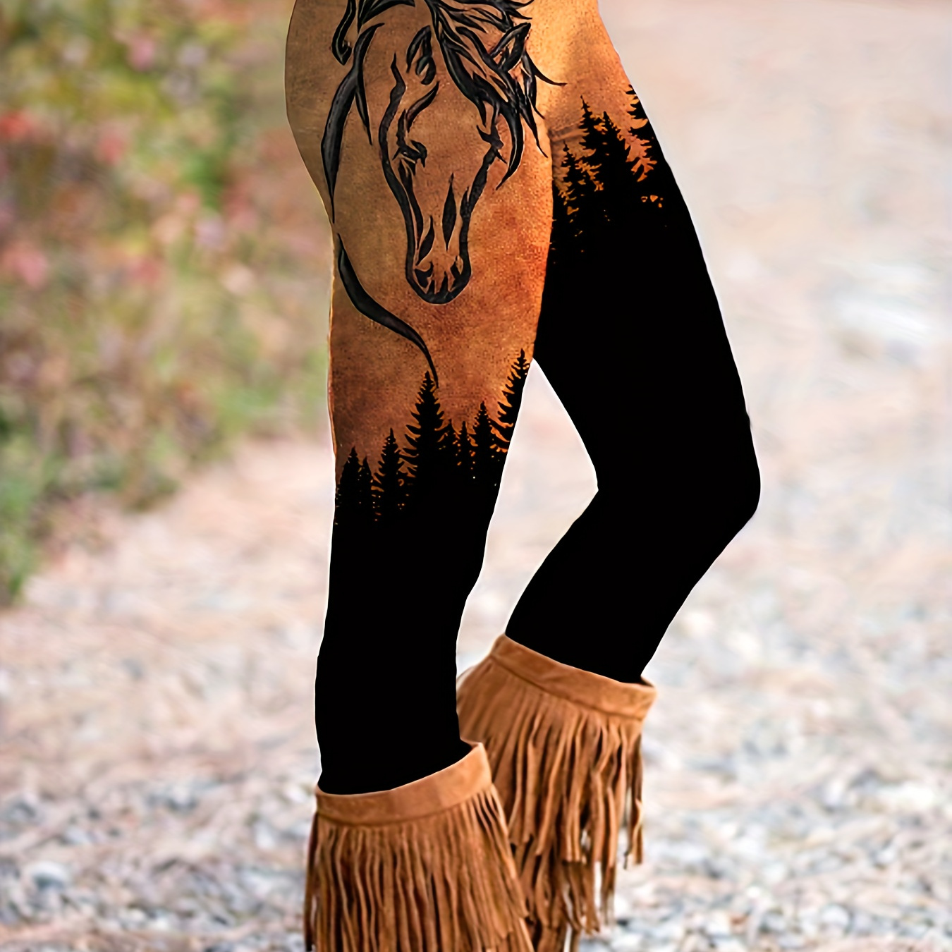 

Plus Size Casual Leggings, Women's Plus Horse & Forest Print High Rise Medium Stretch Leggings