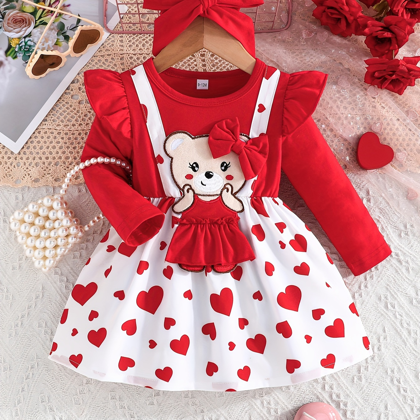 

Baby Girls Fashion Stitching Long Sleeve + Bow Tie Dress, Cute Bear Three-dimensional Print Dress