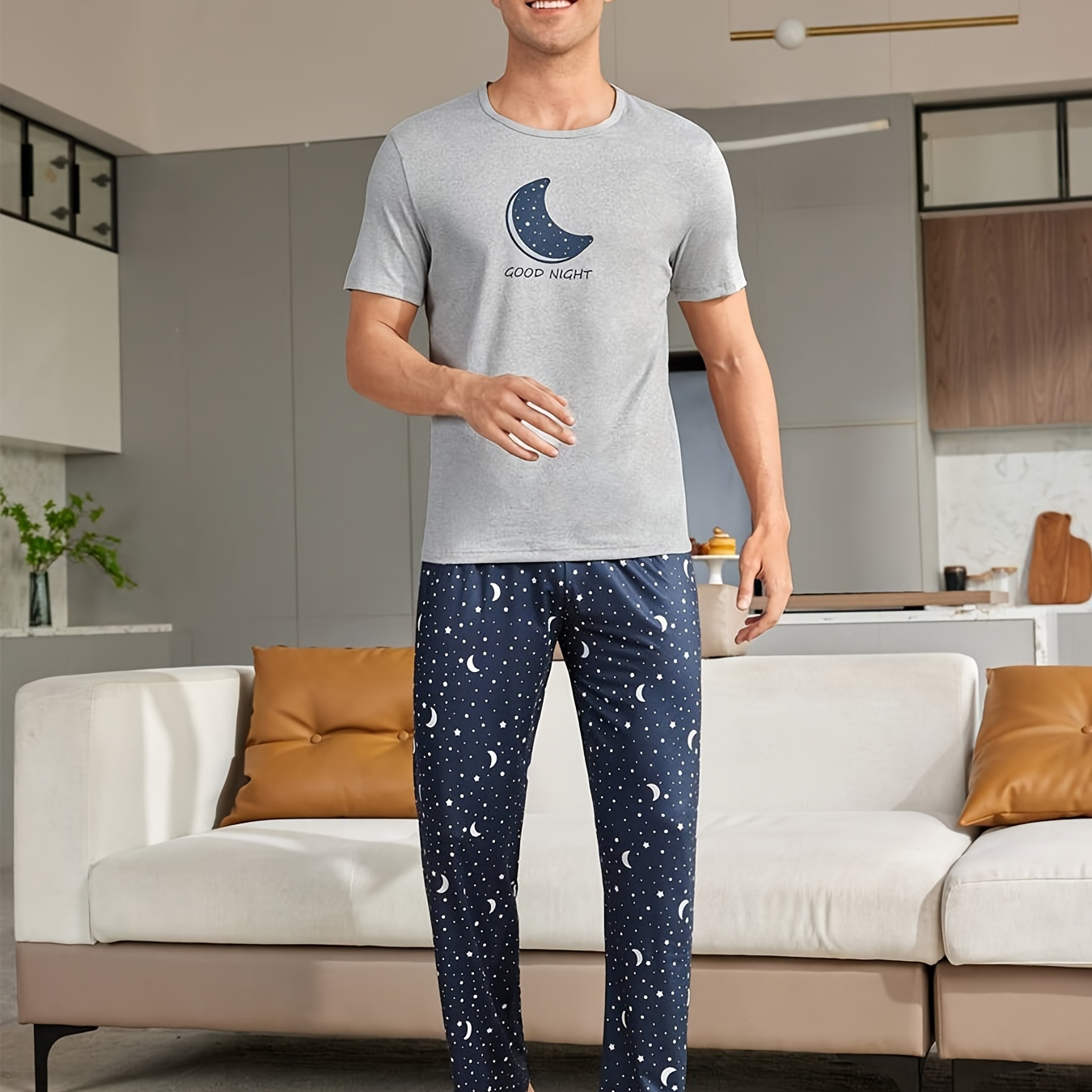 

2 Pcs Men' Letter Print Round Neck Short Sleeve & Trousers Pajama Set, Comfortable & Skin-friendly Style Pajamas For Men's Cozy Loungewear