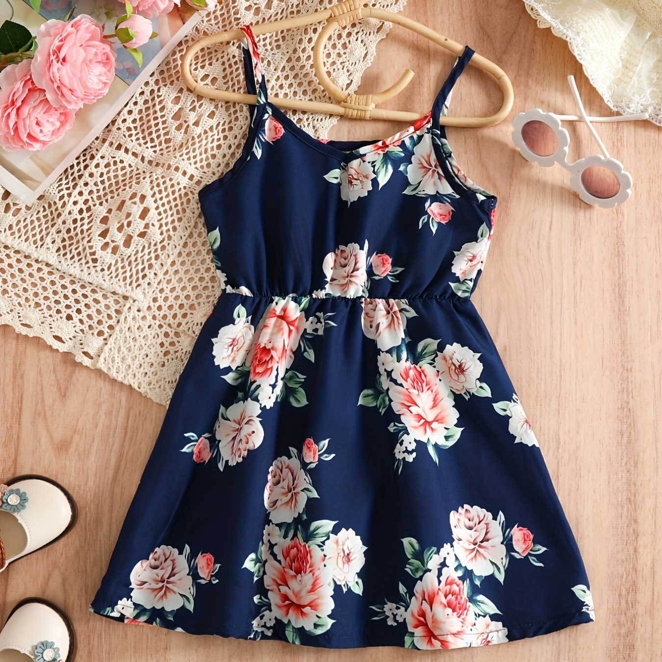 

Girls V-neck Flowers Print Cami Dress Kids Summer Clothes