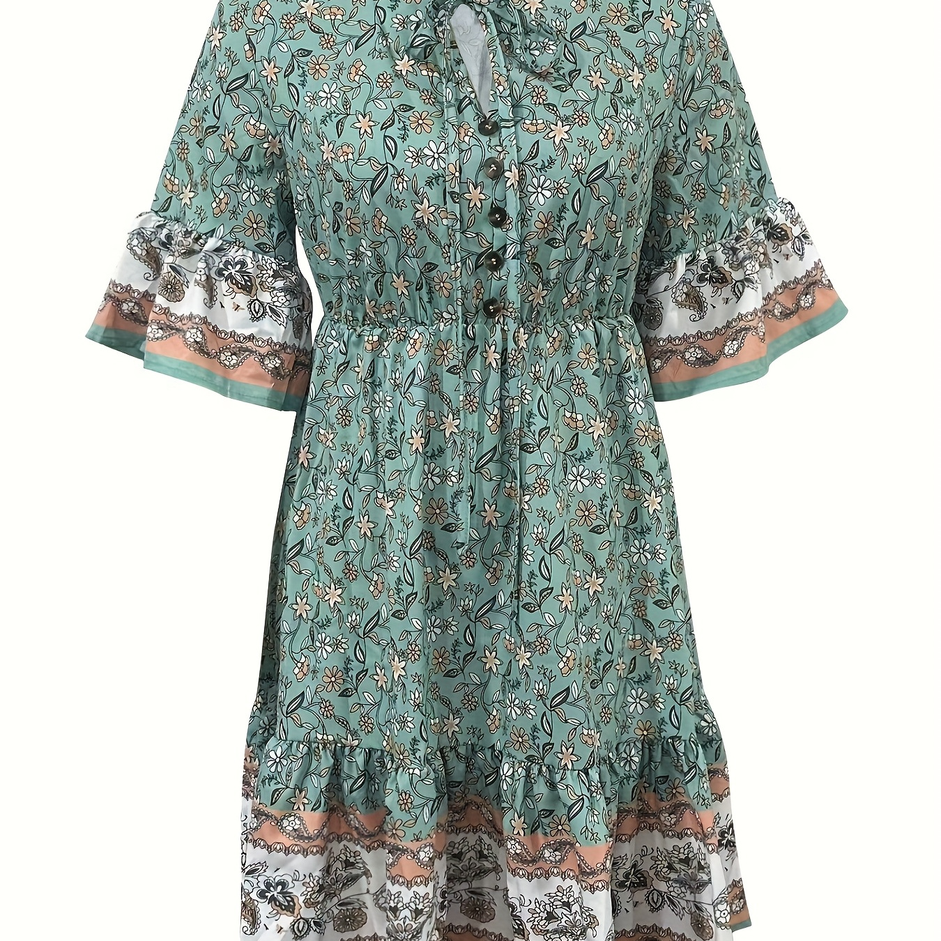 

Elegant Floral Print Waist Flared Sleeve Dress