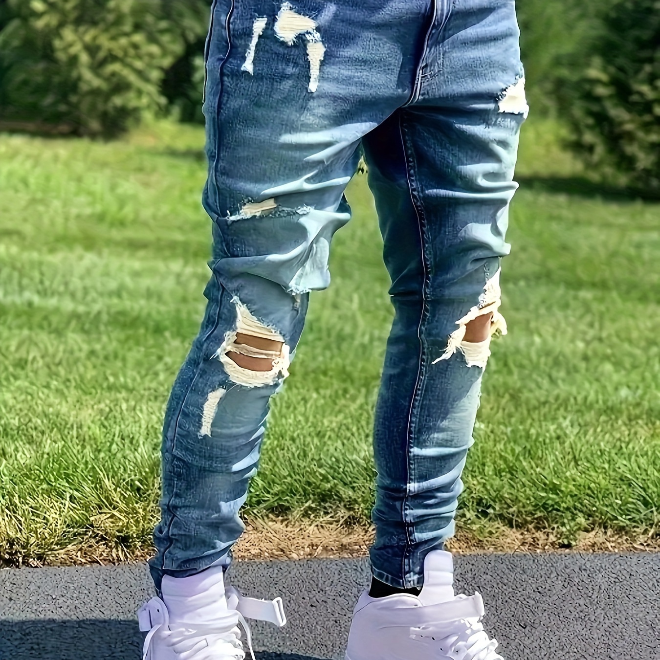 

Men's Solid Slim Fit Ripped Denim Pants For Daily Life, Fashion Casual Jeans