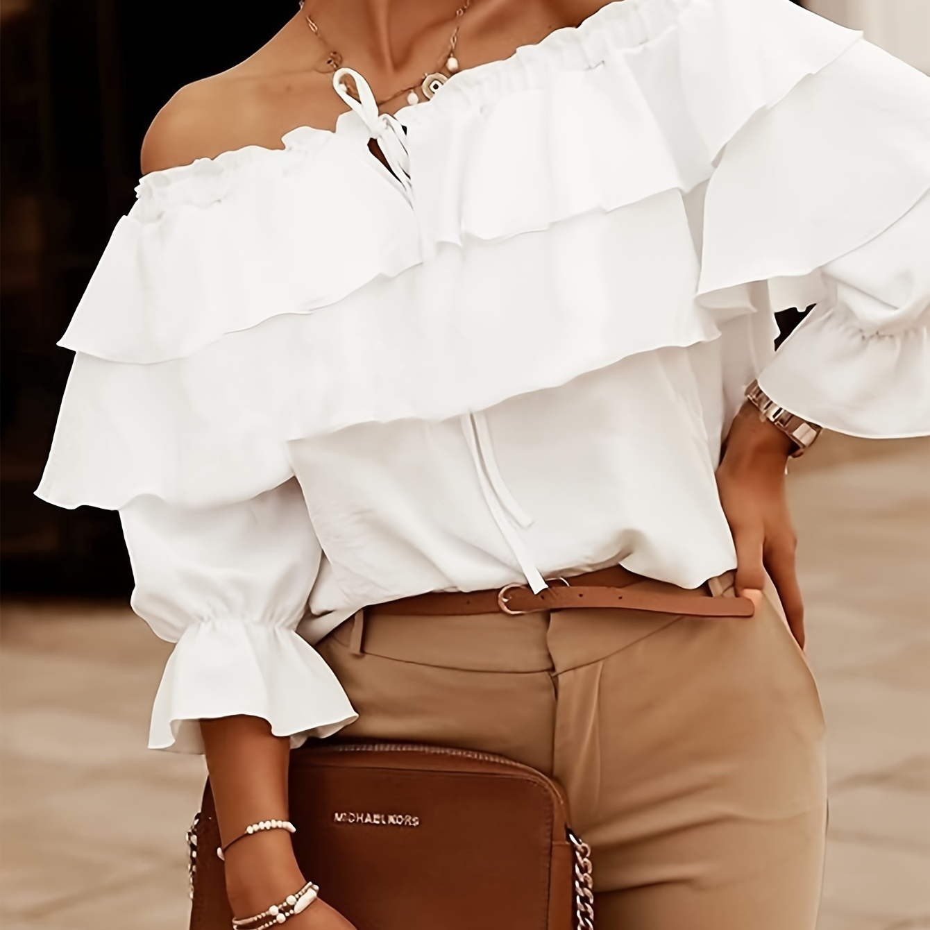 

Plus Size Solid Off Shoulder Blouse, Elegant Layered Ruffle Trim Long Sleeve Blouse For Spring & Summer, Women's Plus Size Clothing