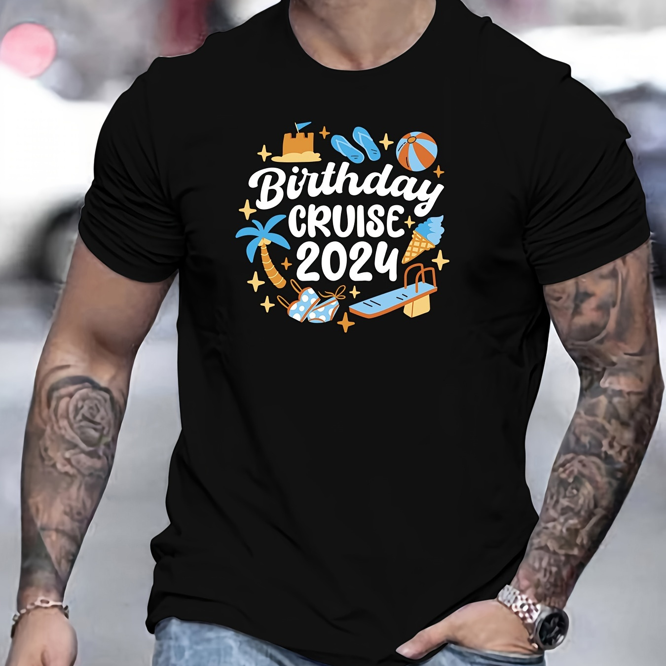 

Birthday Cruise 2024 Print, Men's Round Crew Neck Short Sleeve, Simple Style Tee Fashion Regular Fit T-shirt, Casual Comfy Top For Spring Summer Holiday Leisure Vacation Men's Clothing As Gift