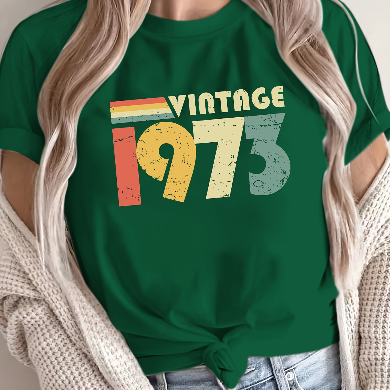 

T-shirt Vintage 1973 - Col Rond Décontracté à Manches Courtes pour Femme, Mélange de Polyester , Lavable en Machine