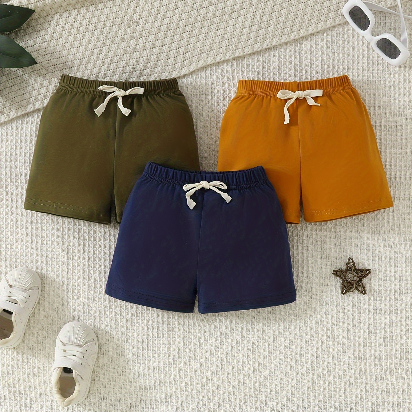 

3pcs Baby Boy's Summer Shorts Set, Comfortable Pure Cotton Casual Drawstring Waist Short Pants, Elastic Waistband Toddler Boy Clothing In Blue, Mustard, Olive Green Colors