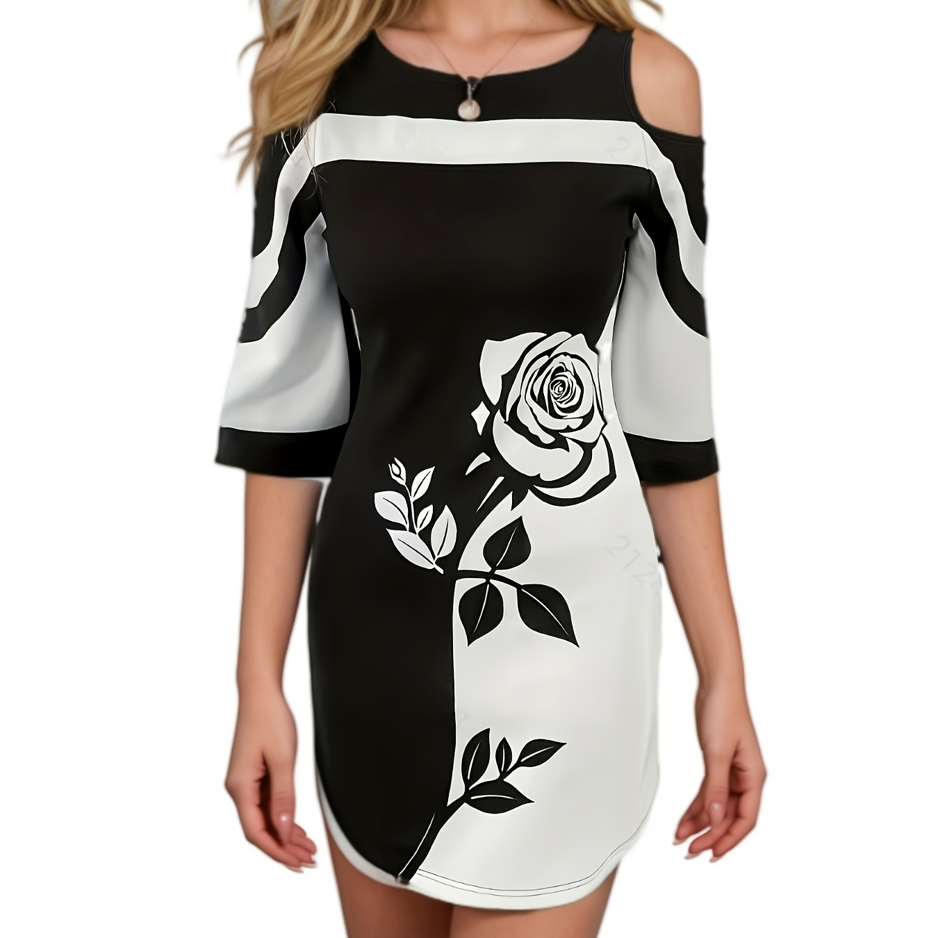 

Print Cold-shoulder Dress - Stretchy Polyester & Spandex , Machine Washable - Spring/summer/fall
