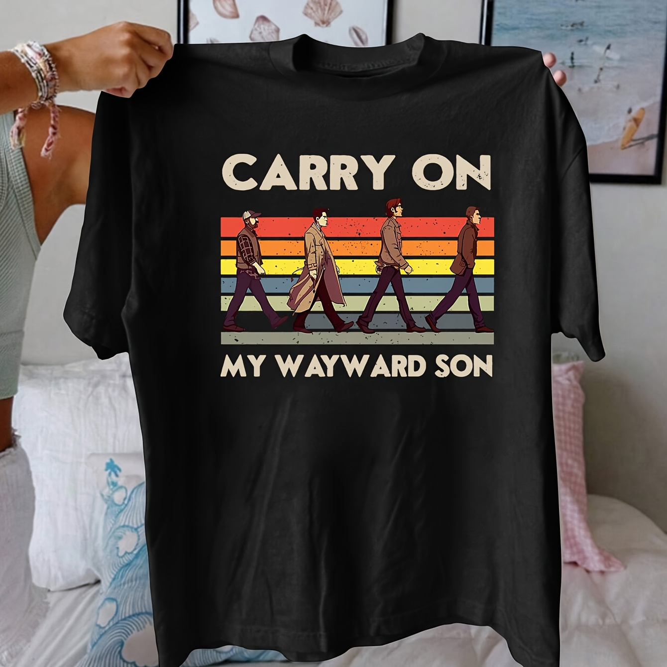 

Supernatural "carry On My Wayward Son" Graphic Tee - Women's Casual Crew Neck Short Sleeve Top, Breathable Polyester , Machine Washable, Black With ,