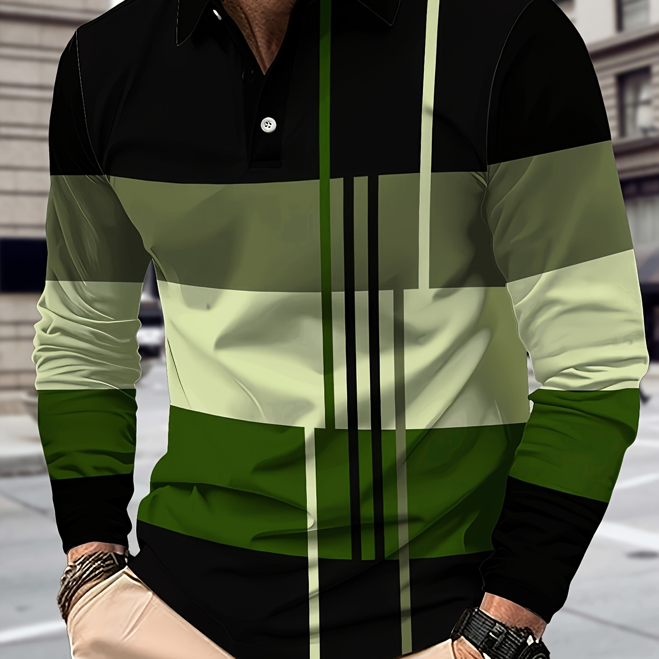 

Elegant Men's Casual Striped Long Sleeve Shirt - 100% Polyester Knit Fabric With Stretch, Regular Fit, Lapel Collar, 3d , Button Detail - Golf & Fashion For Fall