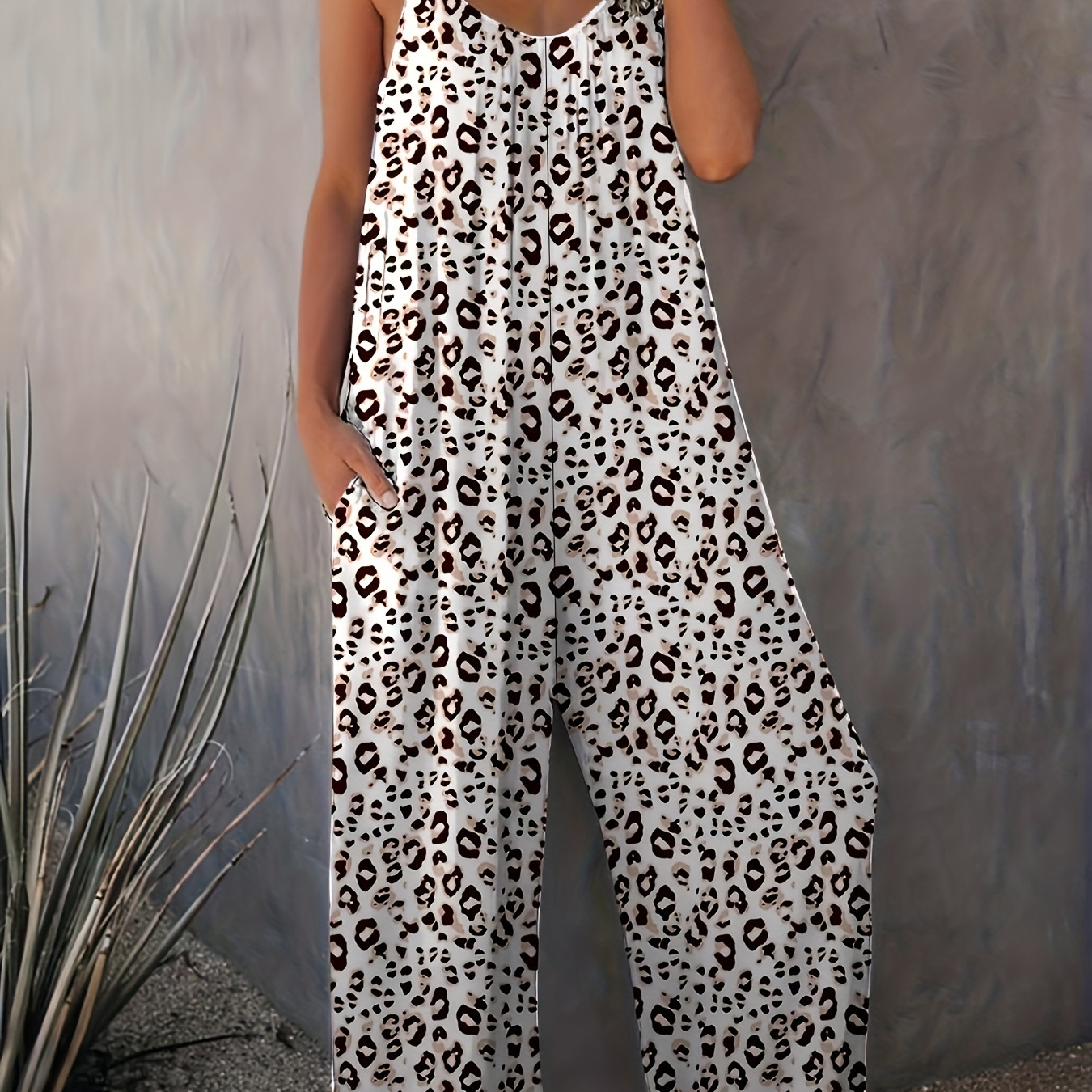 

Leopard Print Wide Leg Jumpsuit, Casual Sleeveless Jumpsuit For Spring & Summer, Women's Clothing