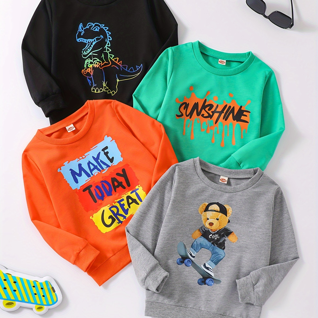 

4pcs Dinosaur, Bear And Letter Print Boys Casual Creative Pullover Sweatshirt, Long Sleeve Crew Neck Tops, Boys Clothes Outdoor