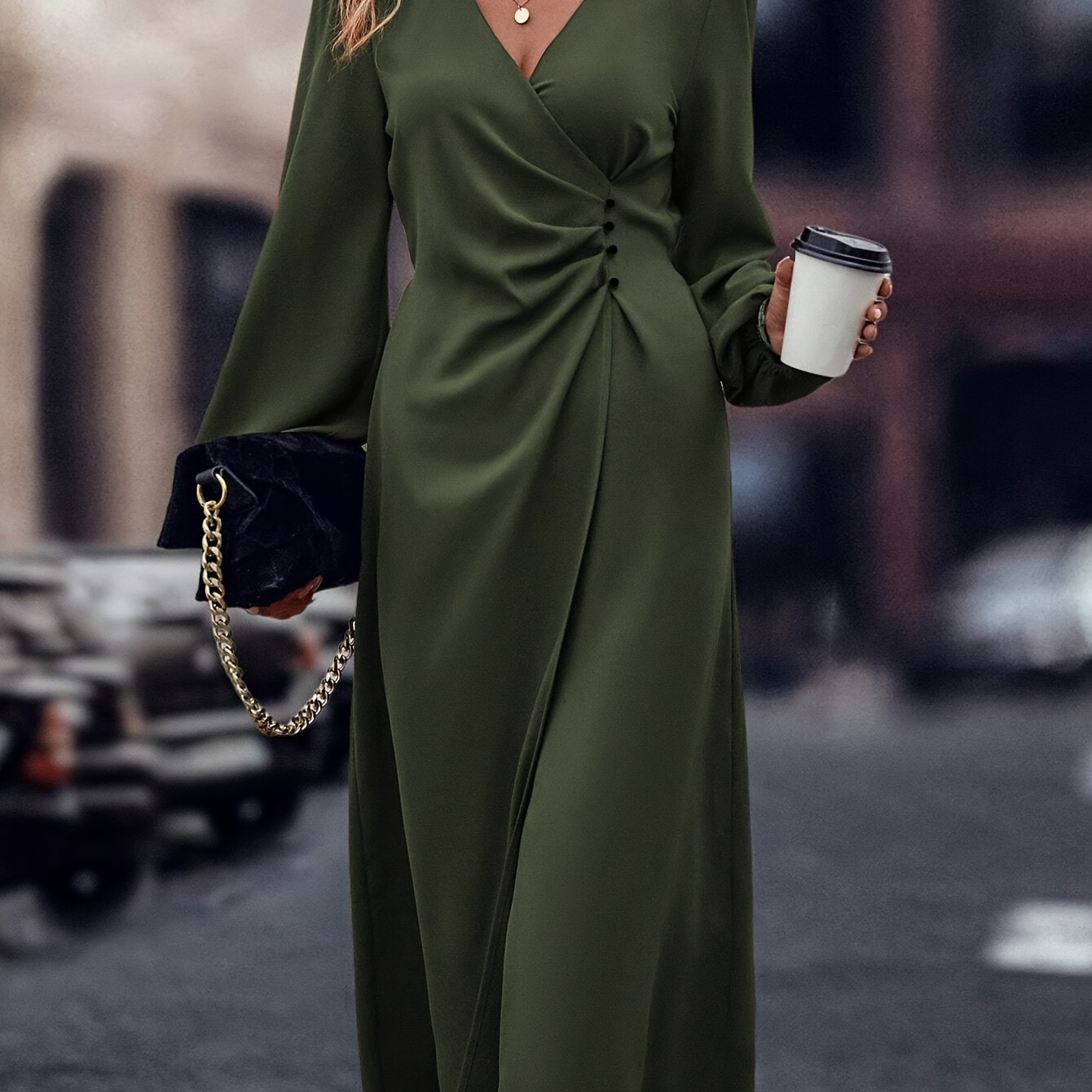 

Ruched Cinched Waist Button Decor Dress, Elegant V Neck Long Sleeve Wrap Dress For Spring & Fall, Women's Clothing