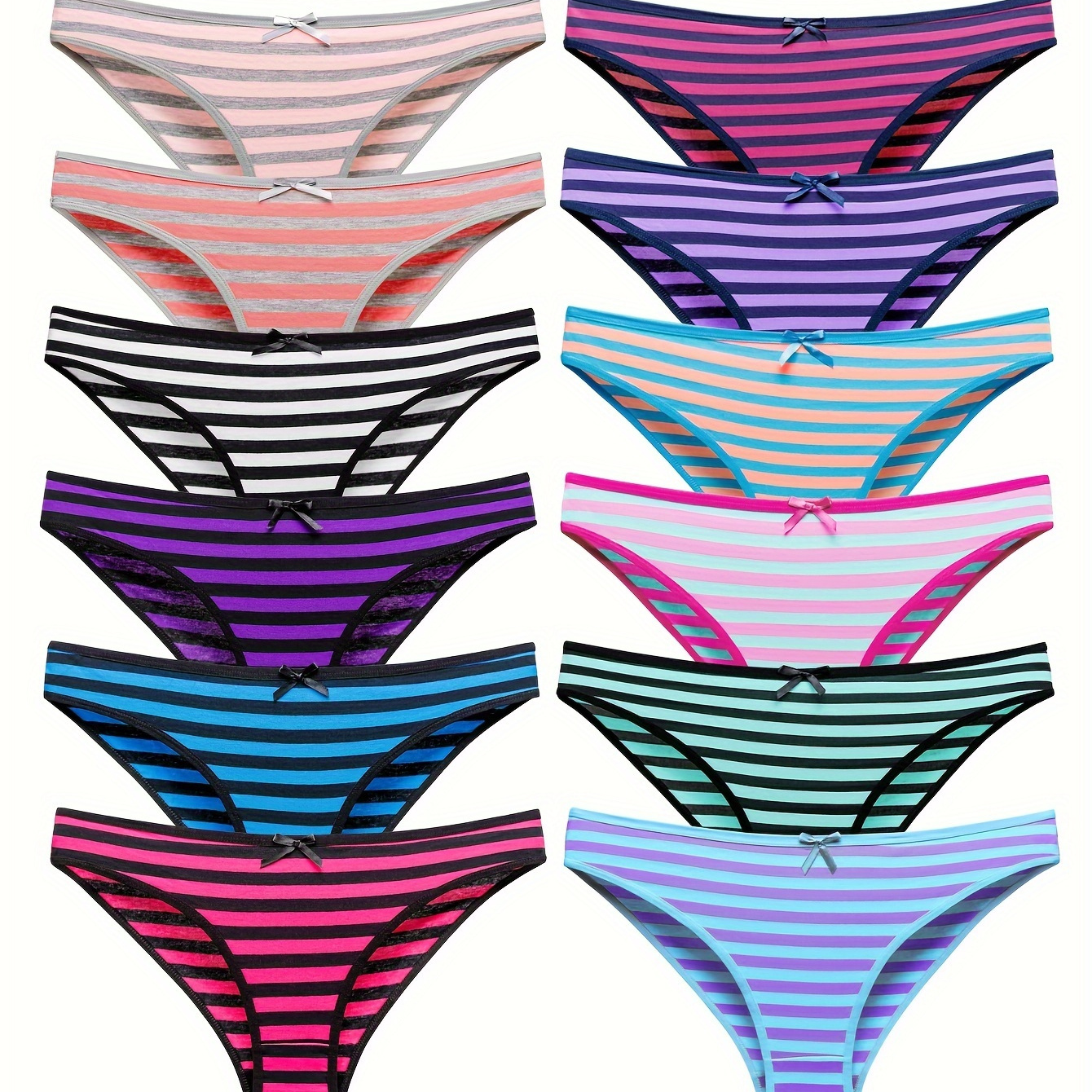 

12 Pcs Plus Size Comfy And Breathable Striped Bow Tie Briefs For Women - Stretchy Intimates Panties For Ultimate Comfort And Style