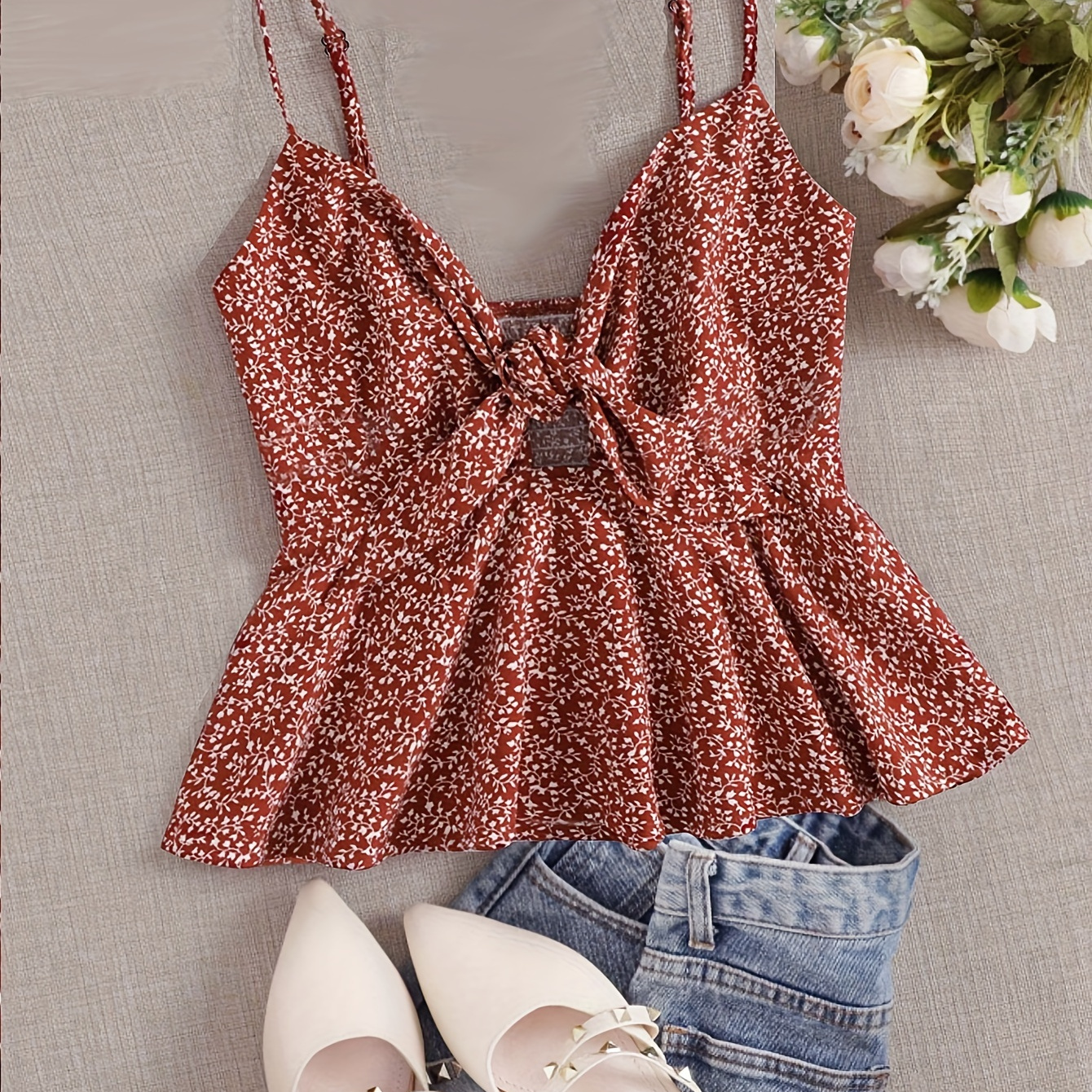 

Floral Print Knot Front Cami Top, Elegant Ruffle Hem Backless Ruched Shirred Spaghetti Strap Top For Spring & Summer, Women's Clothing
