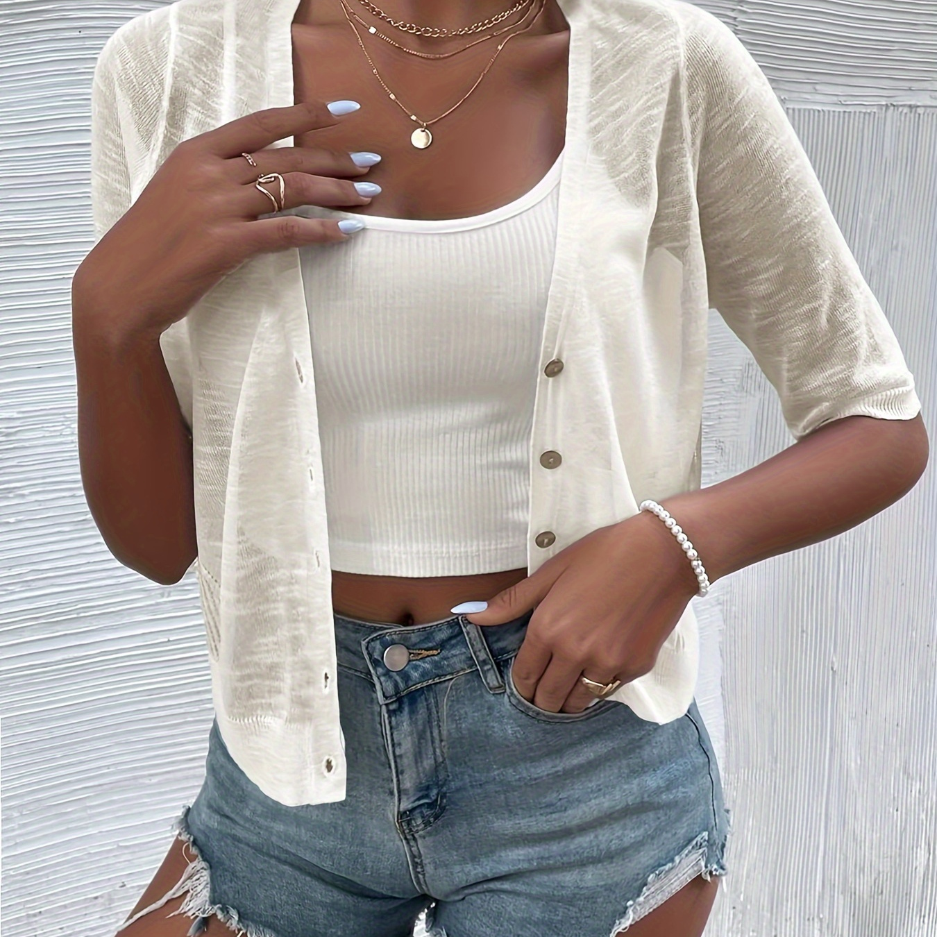 

Solid Color V Neck Cardigan, Casual Short Sleeve Semi-sheer Button Front Cardigan For Spring & Summer, Women's Clothing