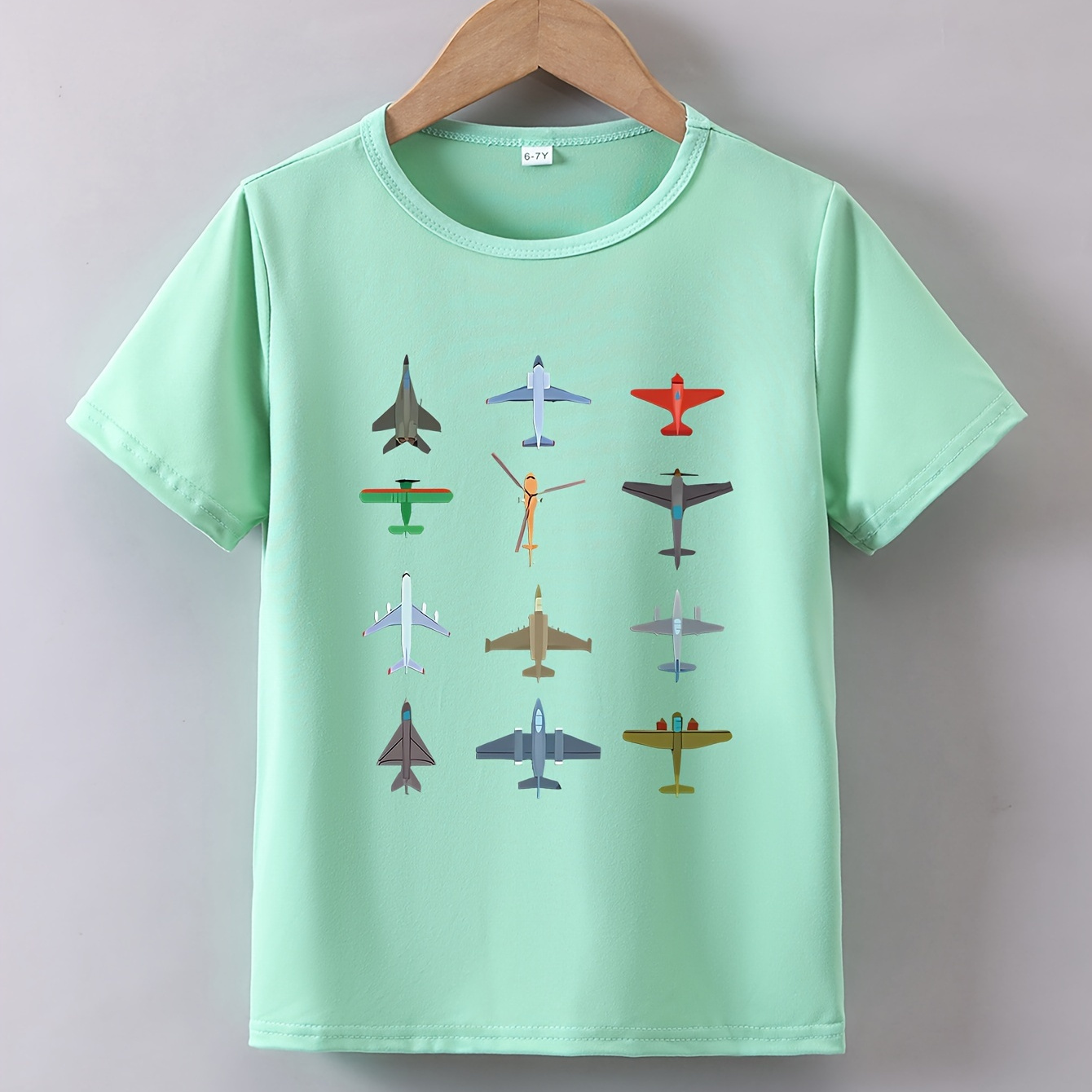 

Airplane Collection Print Boy's Crew Neck T-shirt, Short Sleeve Comfy Versatile Tee Tops, Summer Casual Clothing